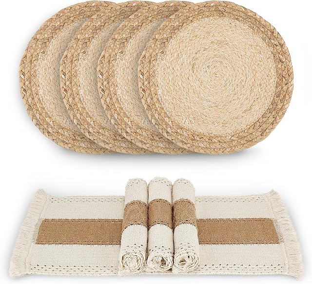 Zology Handmade Boho Placemats Set of 4 - Natural Cotton Burlap and Water Straw Woven Combination Table Mats, Macrame Décor and Farmhouse Style Placemats, for Dining Table Kitchen
