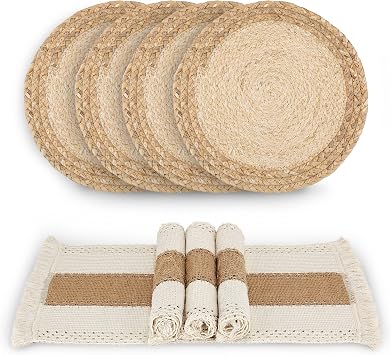 Handmade Boho Placemats Set of 4 - Natural Cotton Burlap and Water Straw Woven Combination Table Mats, Macrame Decor and Farmhouse Style Placemats, for Dining Table Kitchen