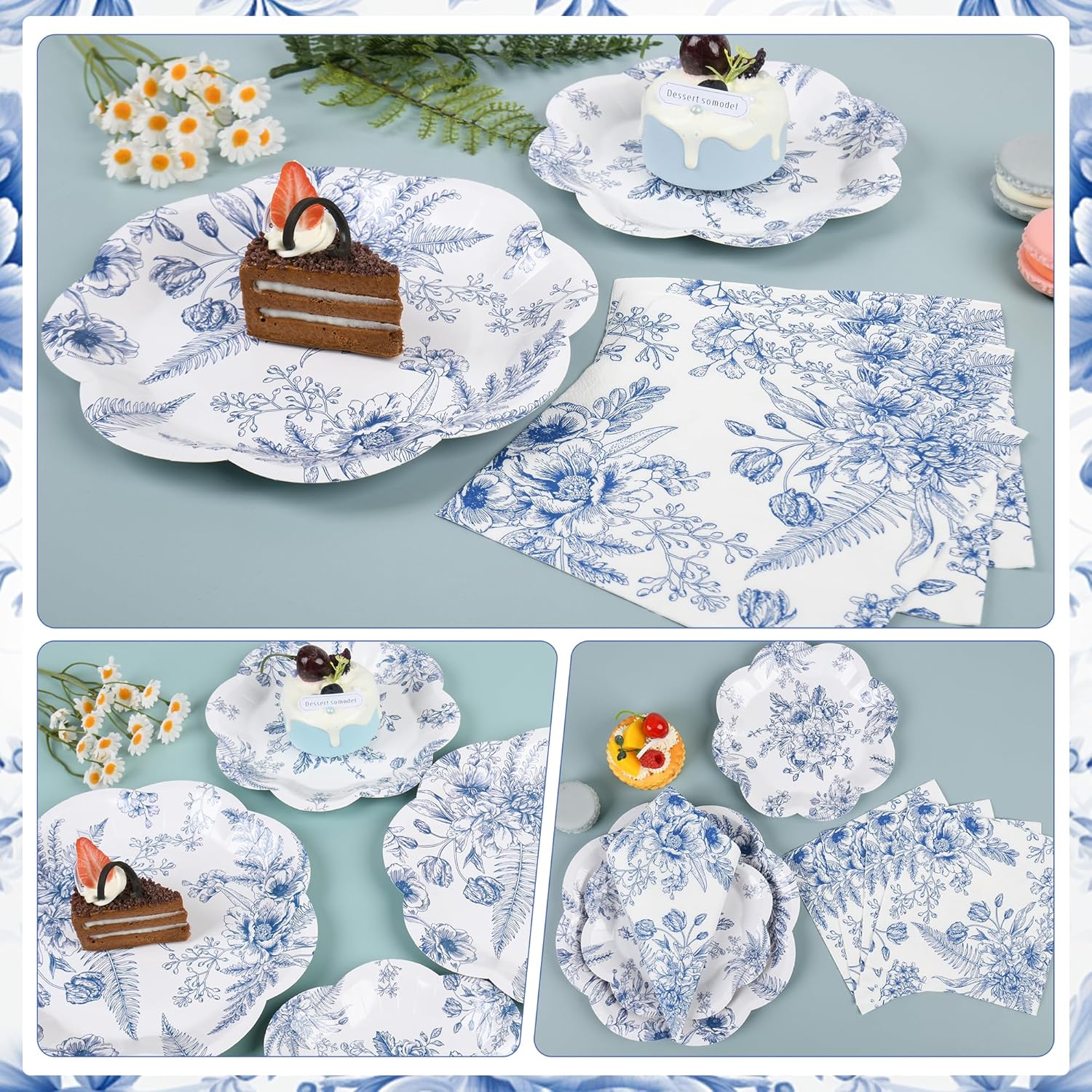 150Pcs Blue Floral Paper Plates Napkins Blue and White Floral Plates Disposable Blue Flower Scalloped Decorative Plate Bridal Dessert Chinoiserie Plate for Wedding Bridal Tea Party Supplies,Serves 50