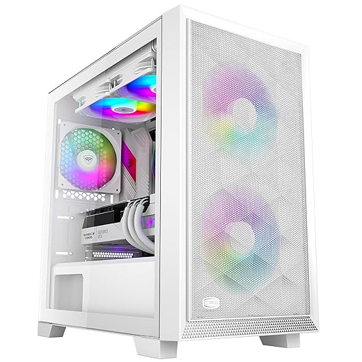 C3T500 Gabinete ATX Torre Media Vidrio - PCCOOLER Aire Flujo, Sistema Gestión Cables, ARGB 6 x 120mm Ventiladores, I/O USB Typy- c, Panel Lateral Vidrio Liberación Rápida, Gabinete Juegos PC, Blanco