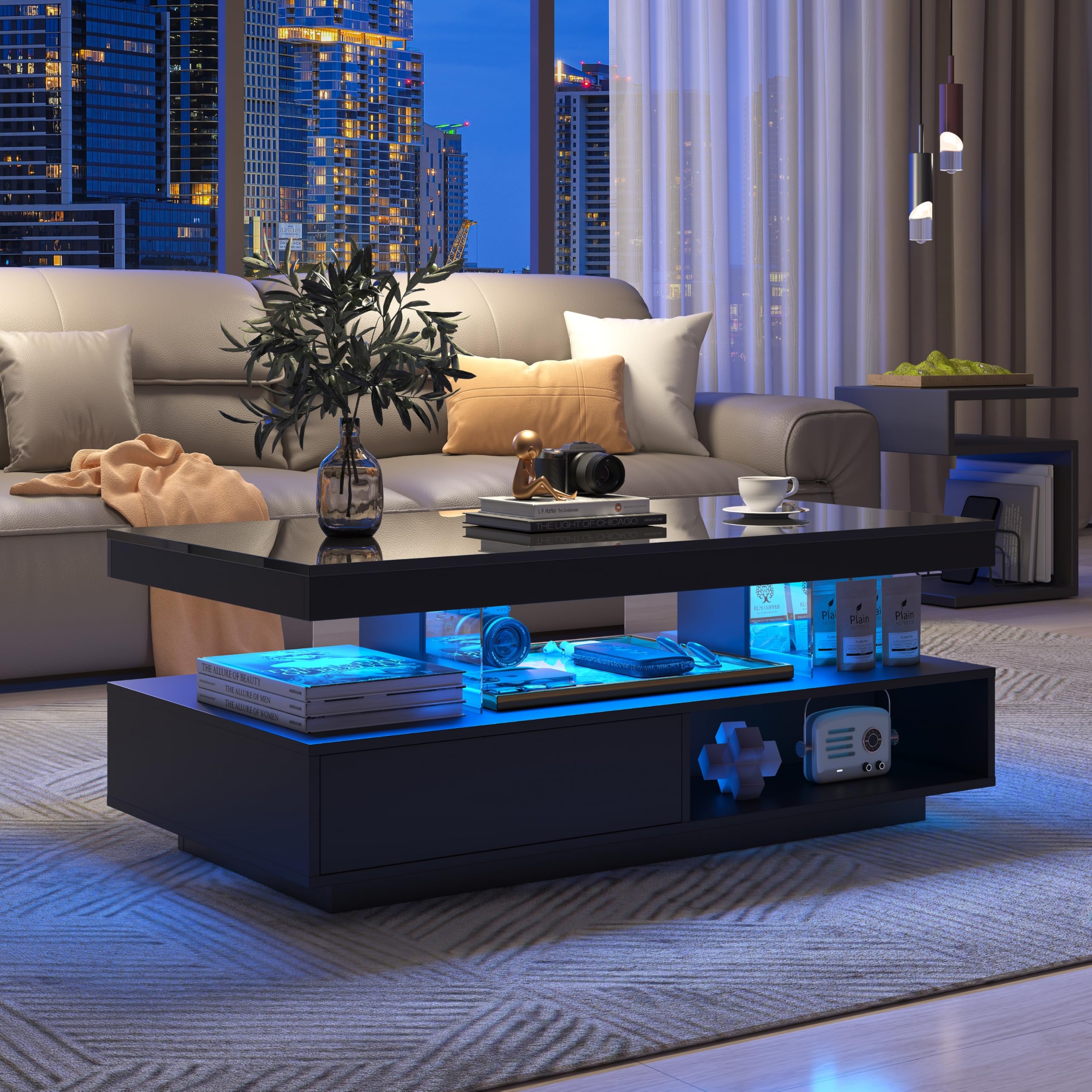 ModernLuxe LED High Gloss Lift Top Coffee Table with Storage, 2 Open Compartments and 2 Spacious Drawers, 4 Sophisticated Glass Inserts, Wooden Side Table for Living Room, Black, 95x50x42.5cm