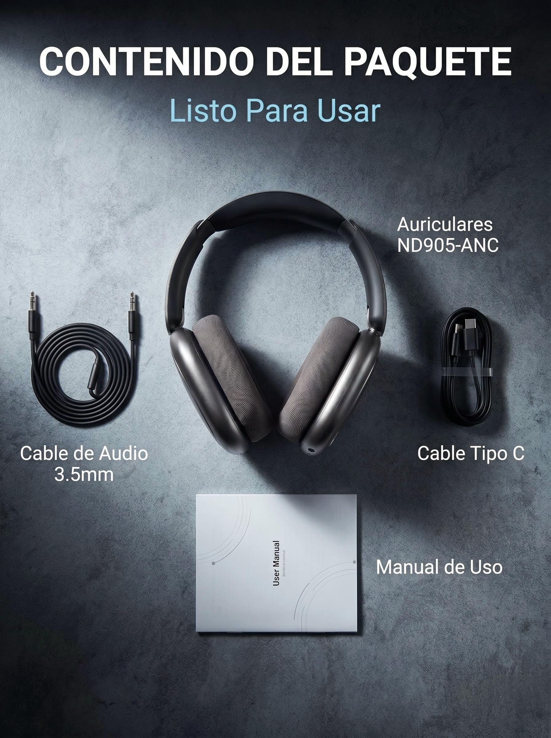 Next Destination ND905-ANC Auriculares Inalámbricos de Diadema Bluetooth 5.4 Cancelación de Ruido Activa 40H Autonomía Bajo Potente Cascos con Micrófonos para Llamadas Almohadas Magnéticas Negro
