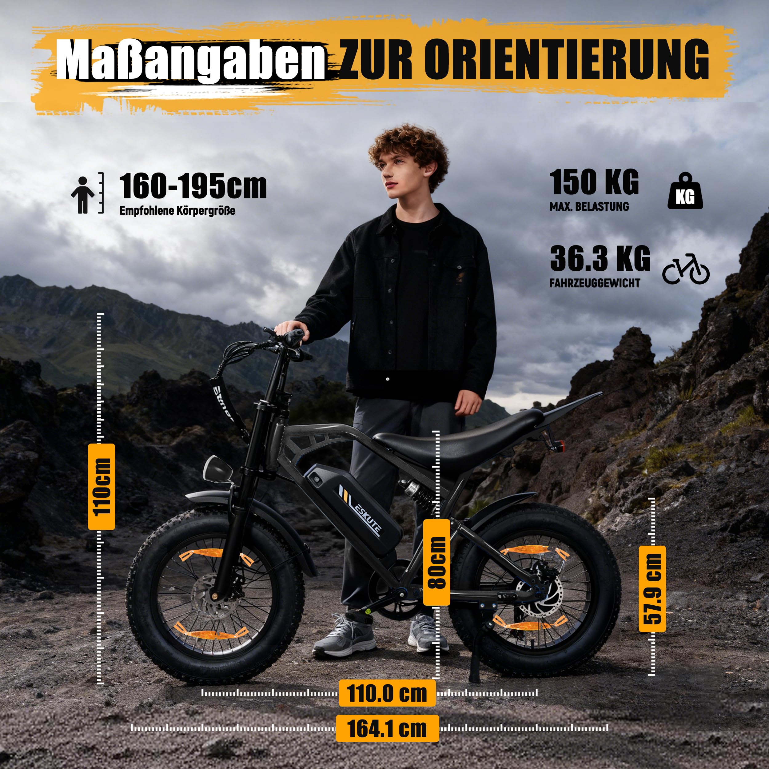 ESKUTE V202 E-Bike für Herren, 20×4 Zoll Fat Tire Offroad Elektrofahrrad mit 48V 20.8Ah Akku, NFC Entsperrung, 80 km Reichweite, Vollfederung MTB für Gelände Schnee Sand