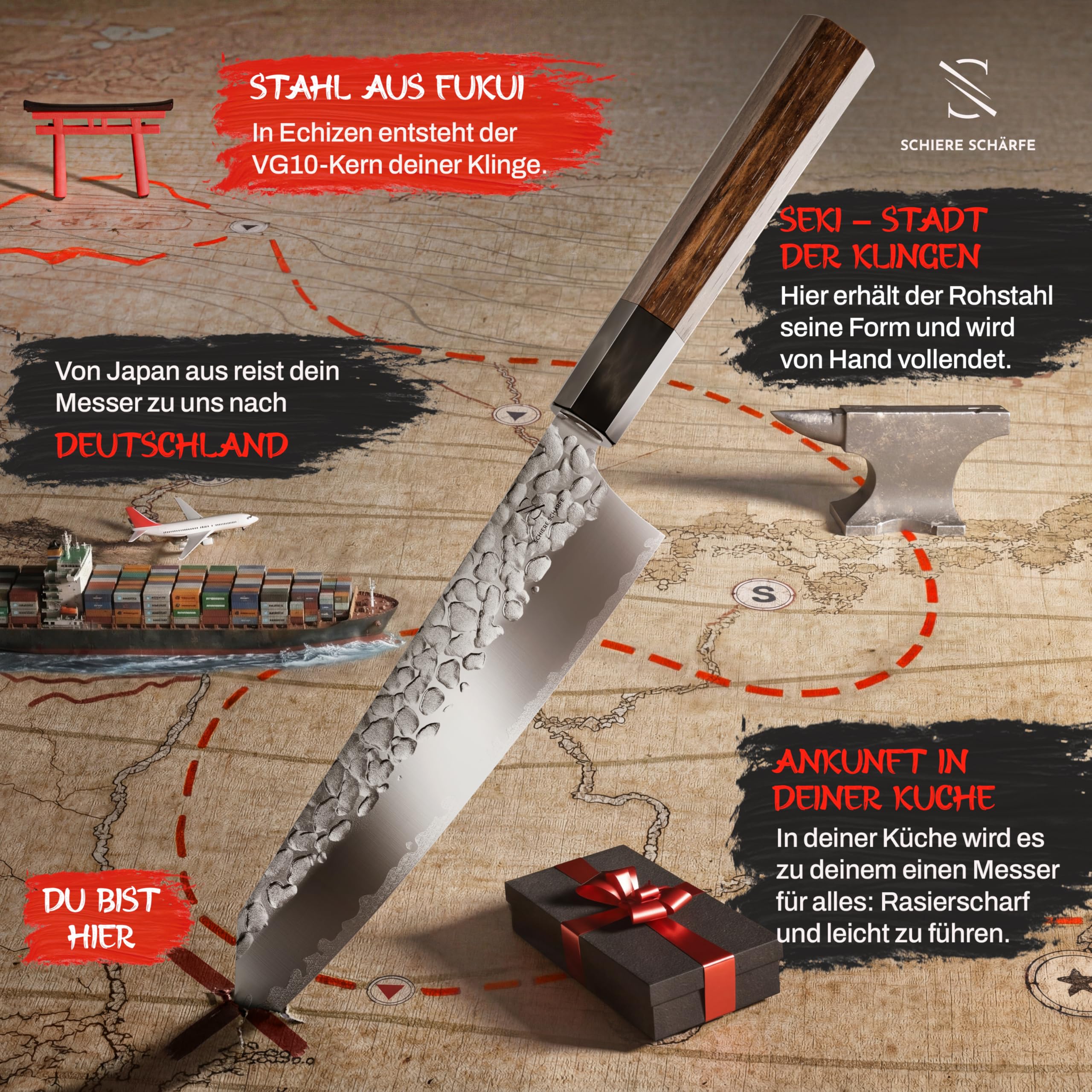 Santoku - Handgefertigtes Original-Japanisches Messer | Universalmesser, 18 cm Klinge, Schneidfreudig dünn, hohe Standzeit, nur 132 g, VG10-Edelstahl, Griff Walnussholz/Büffelhorn