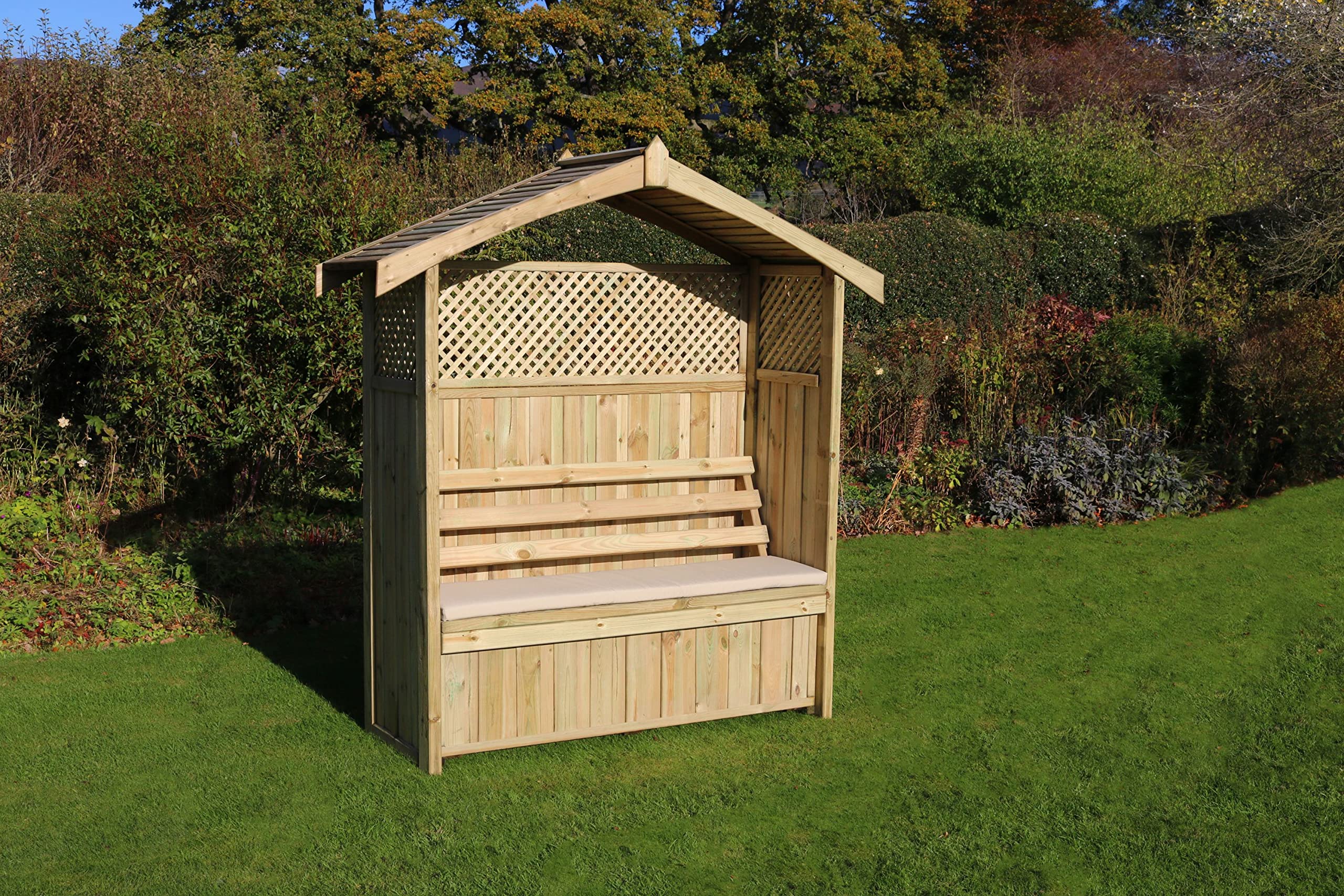 Madrid Garden Arbour with Storage Seat Trellis and CREAM Pad in Pressure Treated Wood - 10 year warranty against rot