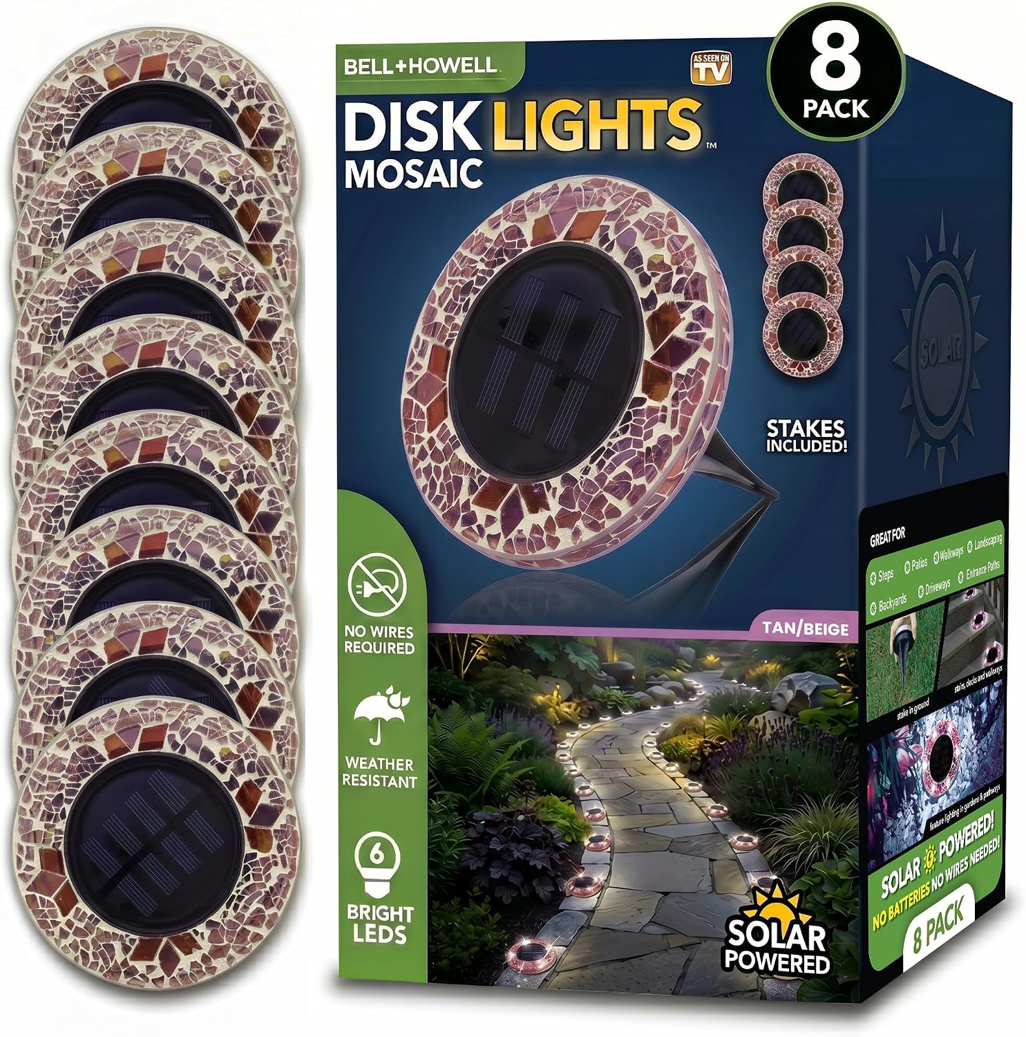 Bell+Howell 8 Pk Mosaic Solar Lights Outdoor LED Disk Pathway Lights, Taupe