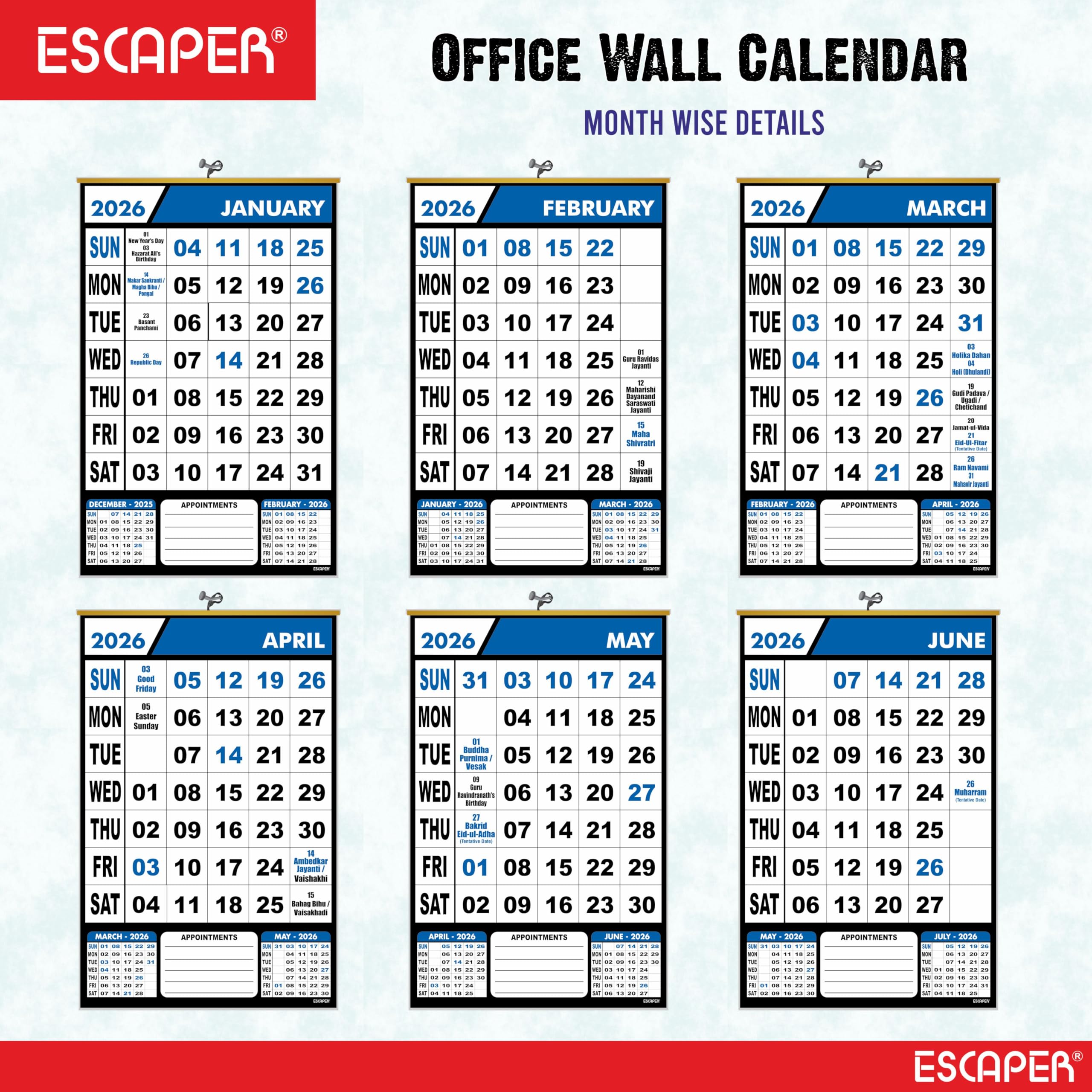 ESCAPER Calendario de pared azul 2026, calendario colgante grande con vacaciones indias, planificador mensual, papel de 100 g/m², diseño fácil de colgar, calendario de Año Nuevo 2026