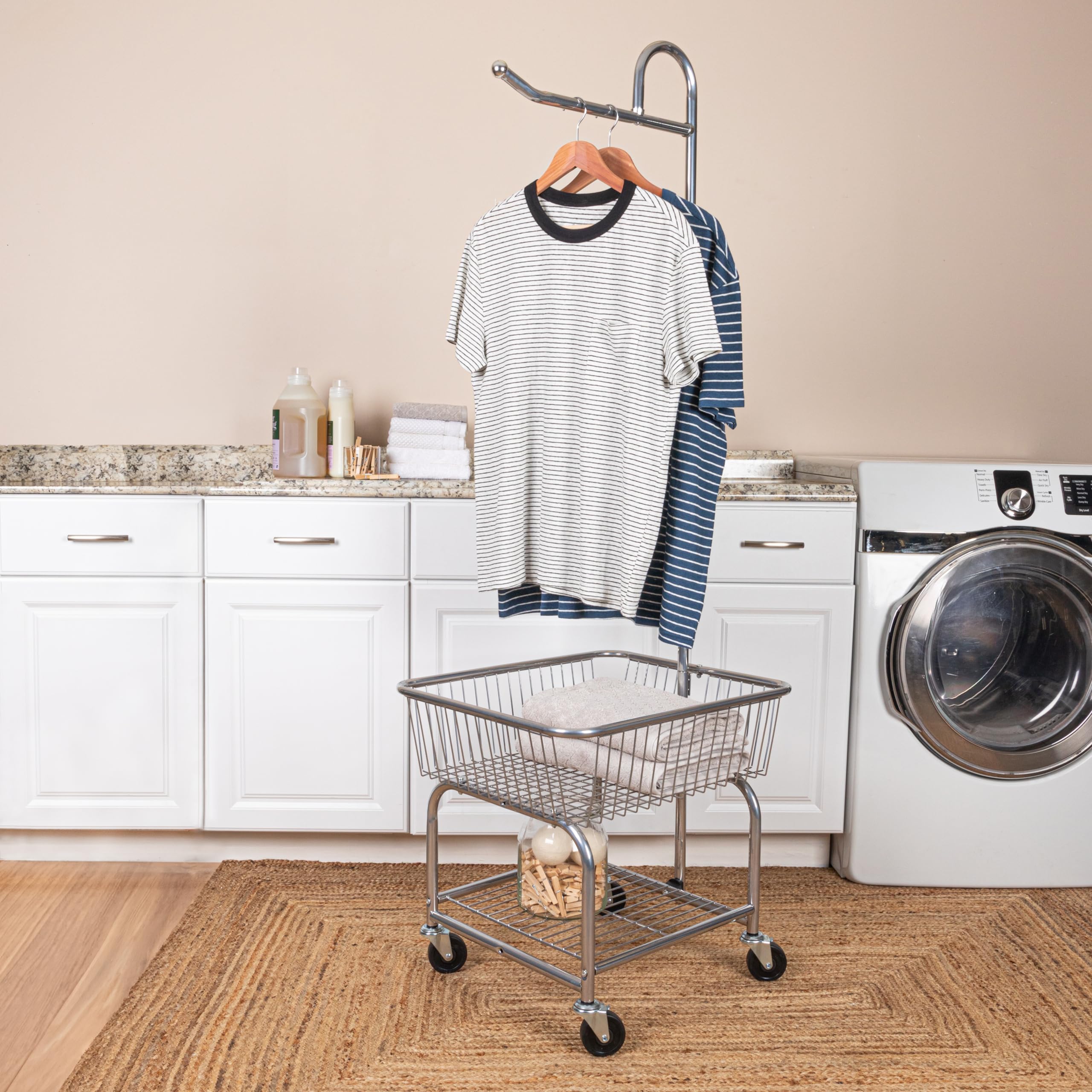 【極美品】LAUNDRY CART WITH POLE RACK CHROME LargeCapacityLaundryCartw_Doub