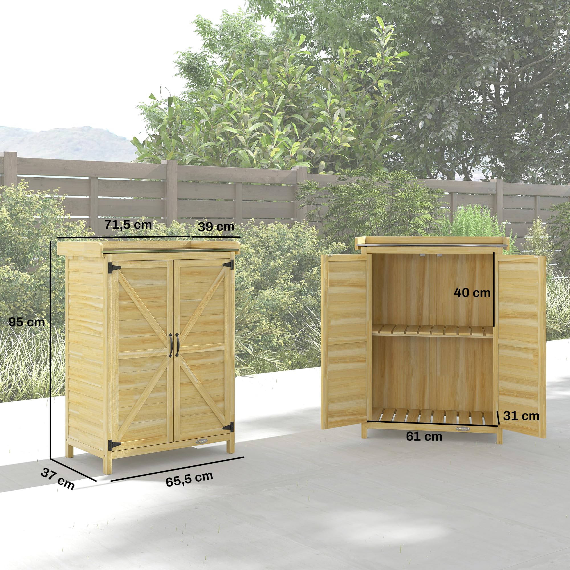 Outsunny Armoire de Jardin en Bois, Armoire extérieure de Rangement avec étagère et Crochets, Plan de Travail en métal galvanisé, Table de rempotage pour Balcon et terrasse 71,5x39x95 cm Bois Naturel