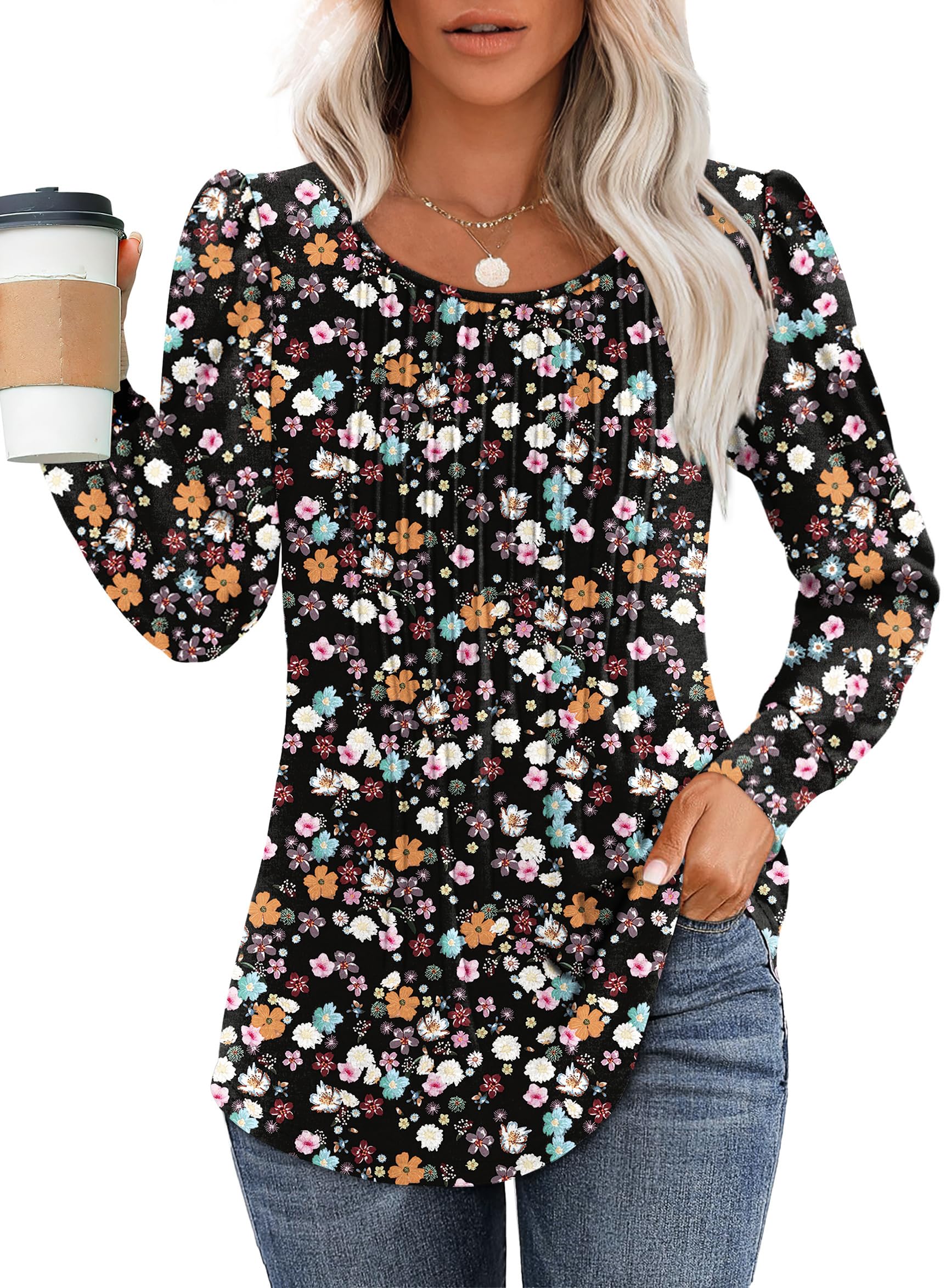 OFEEFAN Long Sleeve Shirts for Women Fall Tops Dressy Casual Blouses Pleated Scooped Neck Tunic Tops for Leggings