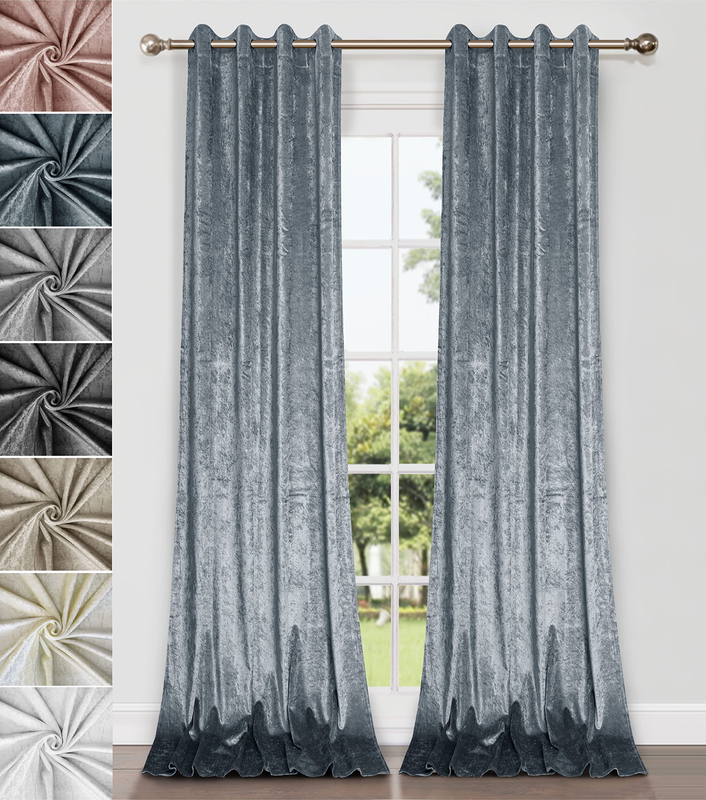 Home Direct Vorhänge, Gardinen aus zerknittertem Samt, Vorhang mit Ösen, ungefüttert, 2 x 245cm x 140cm(LxB), 1 Paar Blau Grau