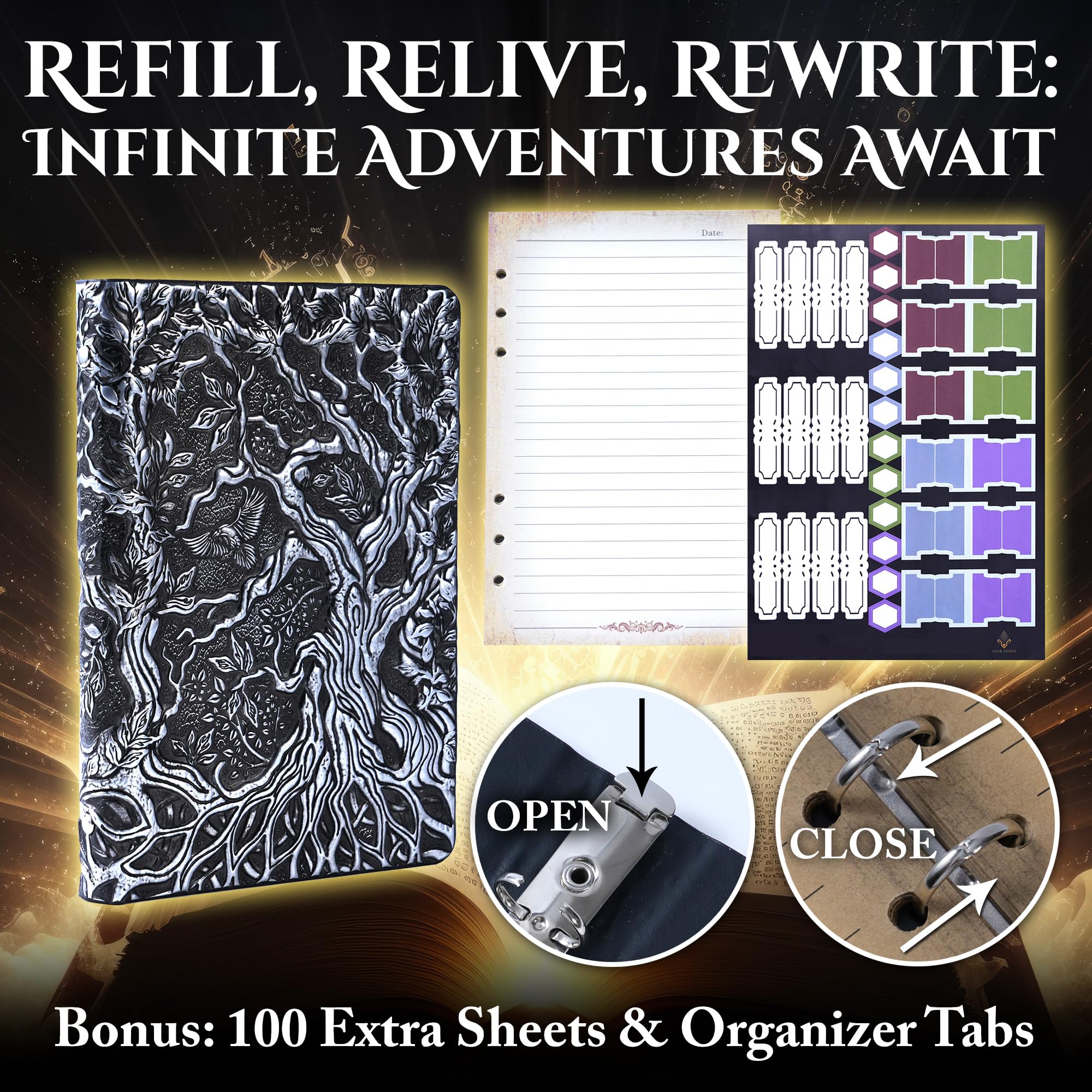 DND Notizbuch Journal nachfüllbar Binder - Story Forge 400 Seiten (200 Blatt) mit atemberaubendem 3D Baum des Lebens Design - Perfekt für Dungeons and Dragons (D&D) mit Bonus-Tabs und Lineal (Silber)