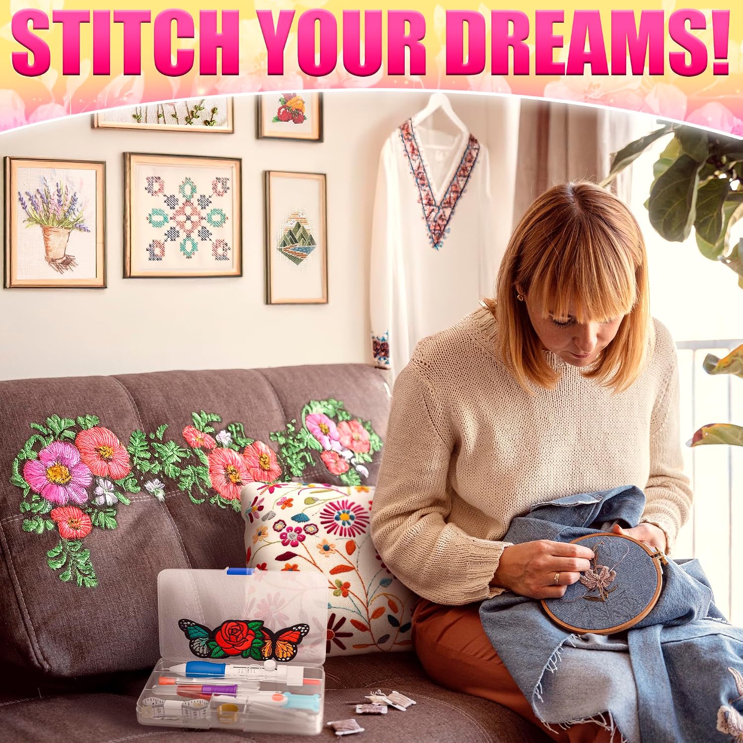 137-Piece Embroidery Kit for Beginners – Punch Needle Kit with Needles, Thread Cutter & Cross Stitch Tools, 100-Color Embroidery Floss – Complete Set in 7" x 3.94" Storage Case for DIY Sewing Projects