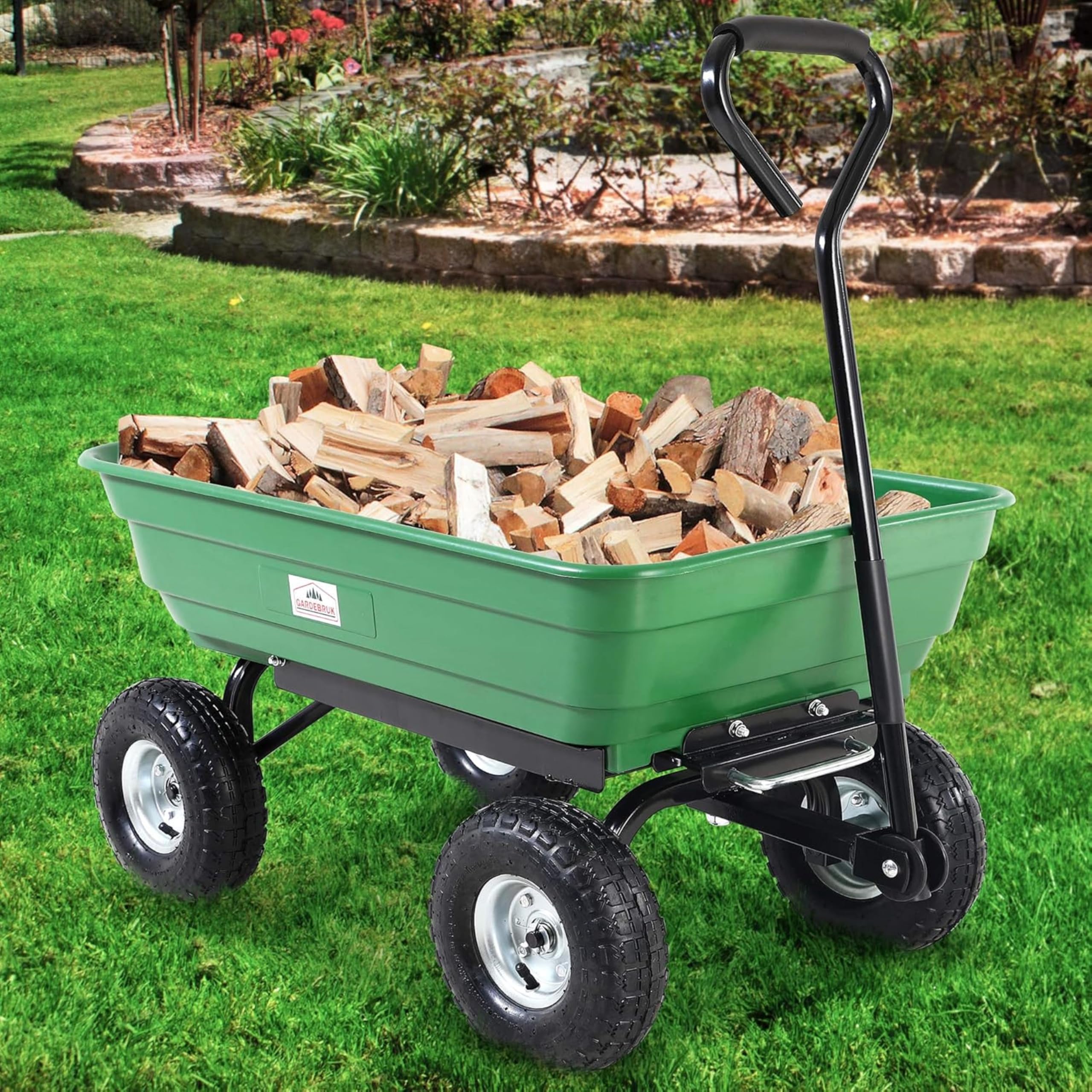 GARDEBRUK® Chariot de Jardin Benne basculante 300kg 4 pneus gonflables Tout Terrain axe Direction 75L Chariot de Transport Chariot à Main