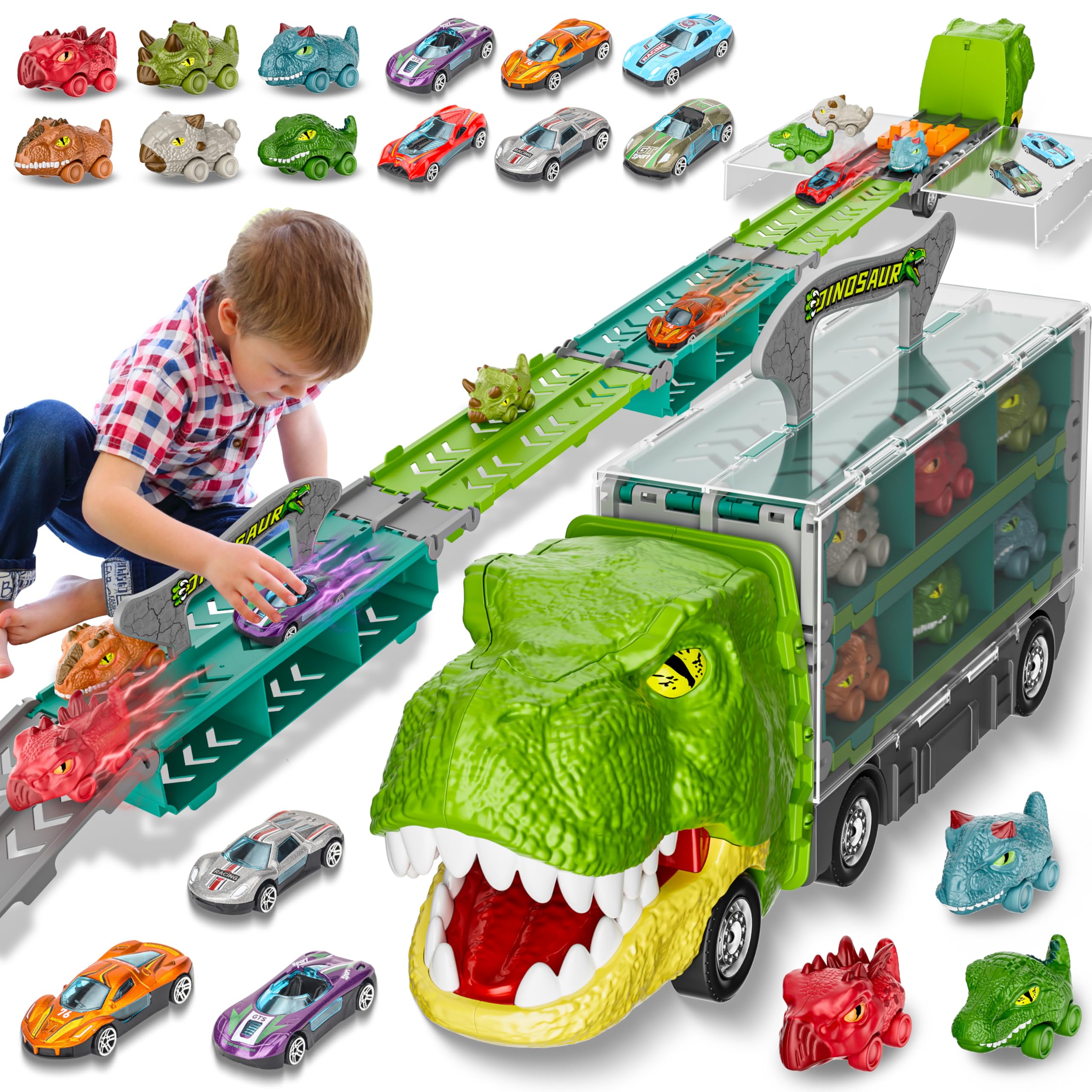 13 in 1 Dinosaur Toys Car for Kids, Dinosaur Transport Truck Track Set, Toddler Boy Toys Age 2-4 1-3, Birthday Gifts Toy for 3 4 5 6+ Year Old Boy,Foldable Track & Race Mode W/ 6 Dino Car & 6 Race Car