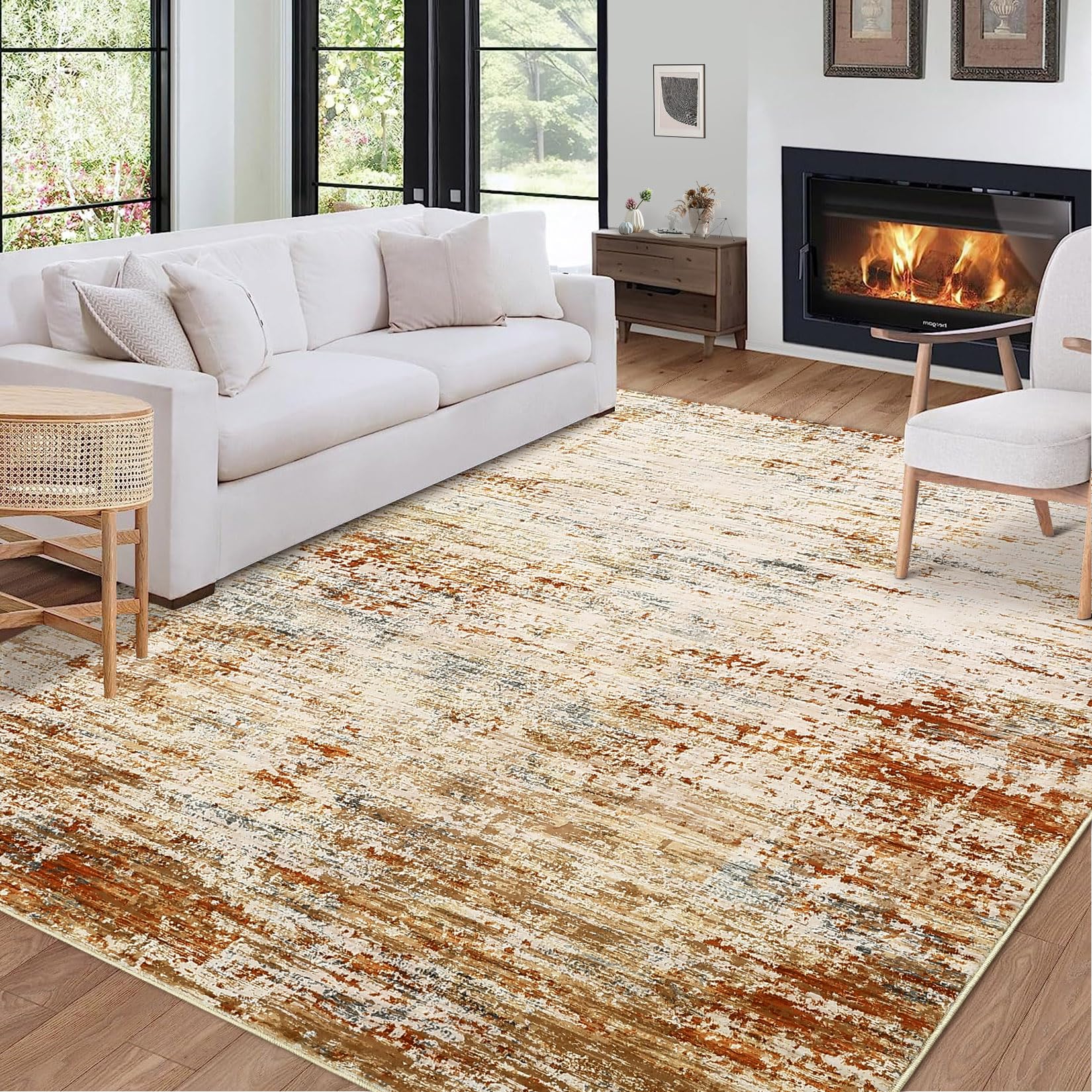 8x10 modern abstract area rug washable rug stain resistant indoor carpet with non-slip backing low pile floor cover for bedroom playroom nursery apartment living room,orange