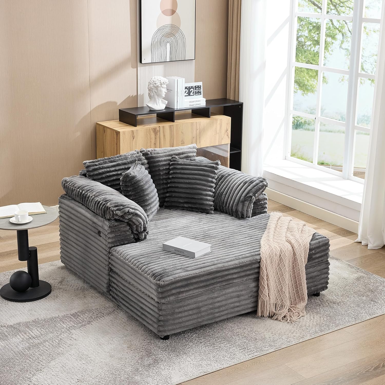 59" Oversized Chaise Lounge Chair Indoor, Comfy Corduroy Cloud Sleeper Couch with USB Port, Throw Pillows and Supportive Armrests, Recliner Bed for Living Room, Movie Room, Bedroom, Grey