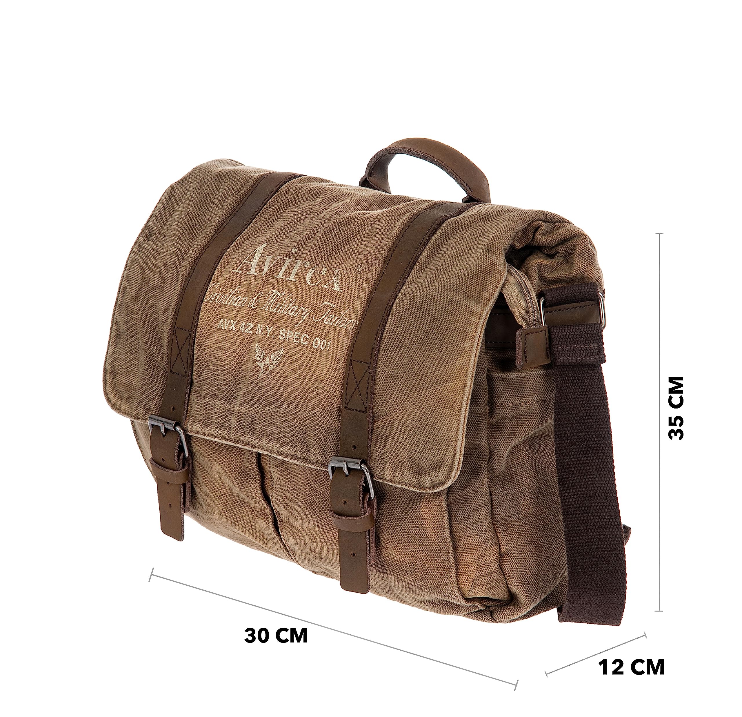 Avirex Borsa Messenger in Canvas e Pelle Bovina Anticata, Cartella a Tracolla Regolabile in Stile Militare, Collezione 140506 CNV0M (Verde Kaki)