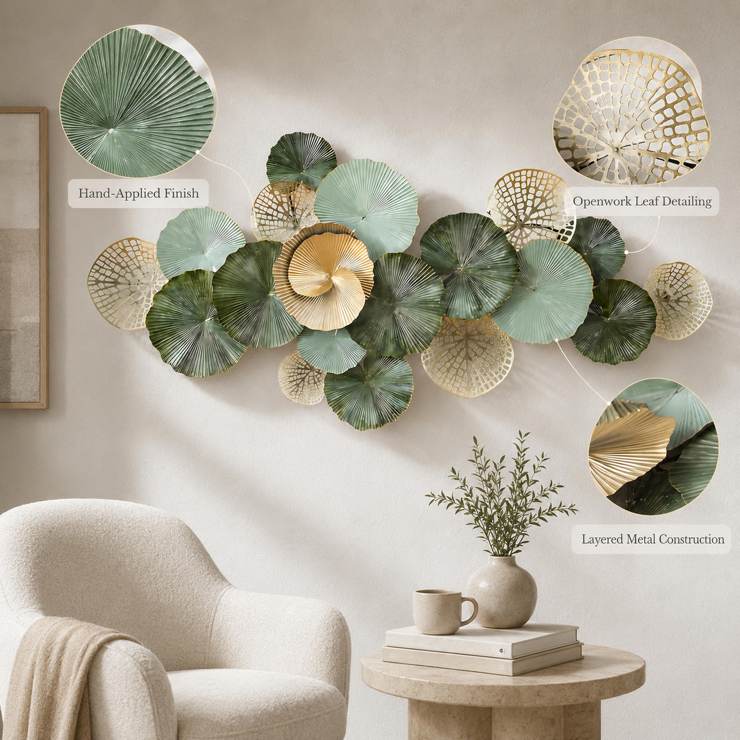 Decoración de Pared,Diseño Botánico Metálica Hecha a Mano | Limpieza Sencilla,Montaje Vertical y Horizontal,Adornos Pared para Salón Dormitorio Oficina - 150CM