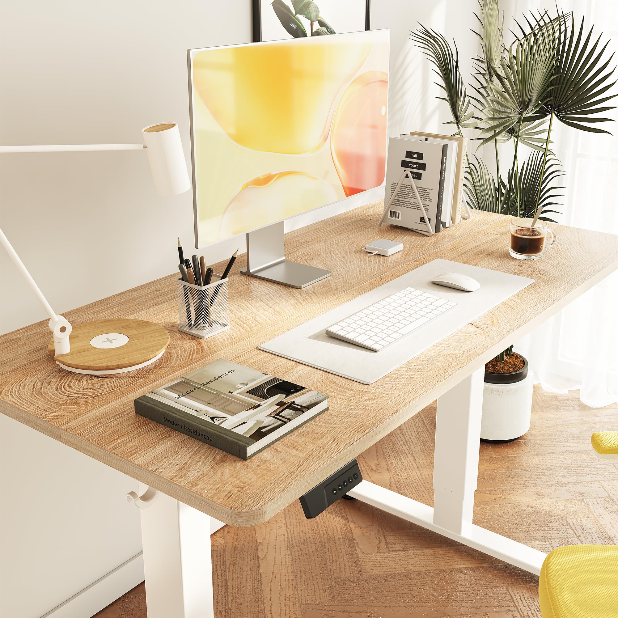 Cubiker Standing Desk, 55x24 Inches Sit Stand Home Office Desk, Electric Stand up Desk, Adjustable Desk with Splice Board, White Frame/Maple Top view 2