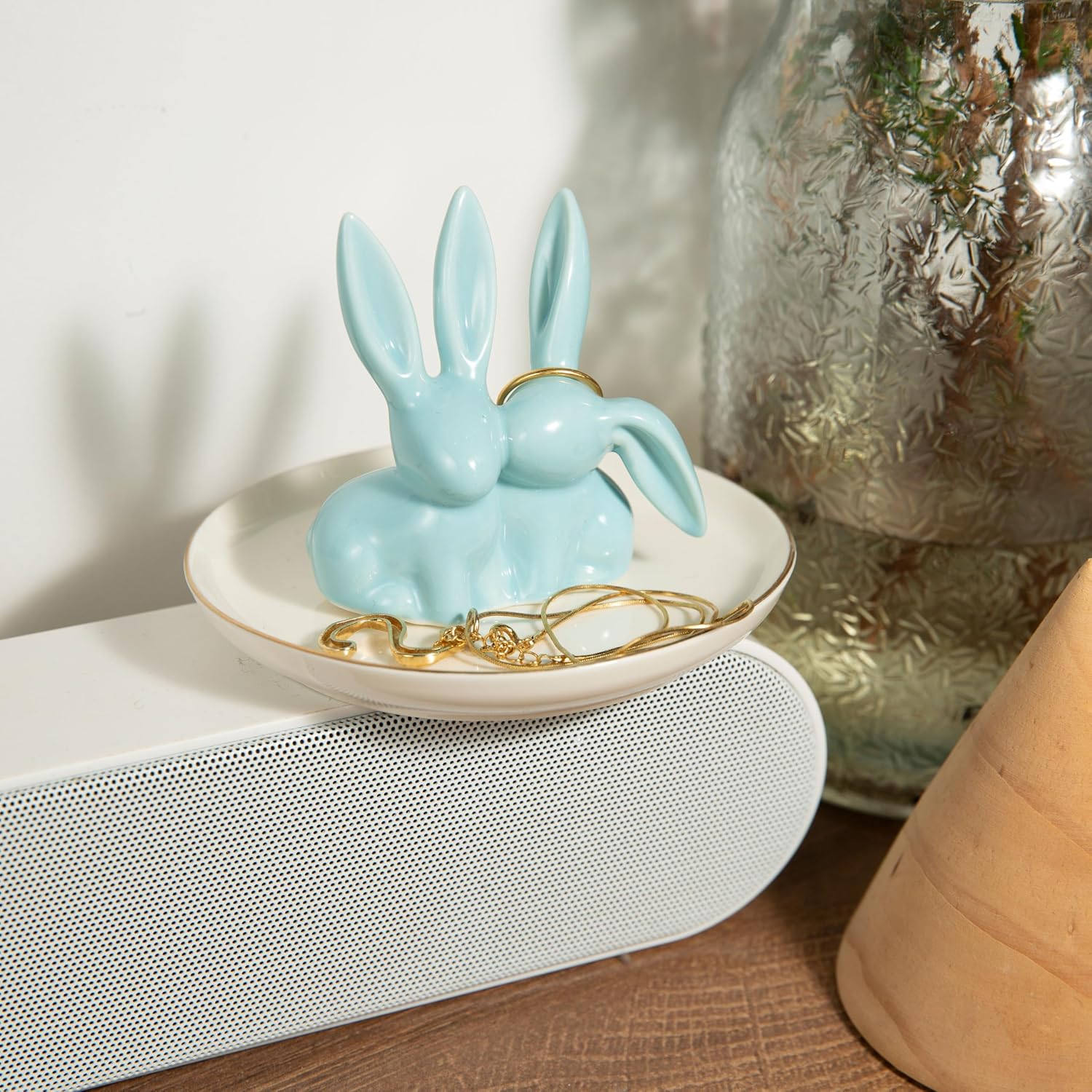 Bunny Rabbit Ceramic Jewelry Holder Dish Trinket Tray for Rings Earrings Necklace Organizer, Wedding Engagement Ring Holder (Blue)