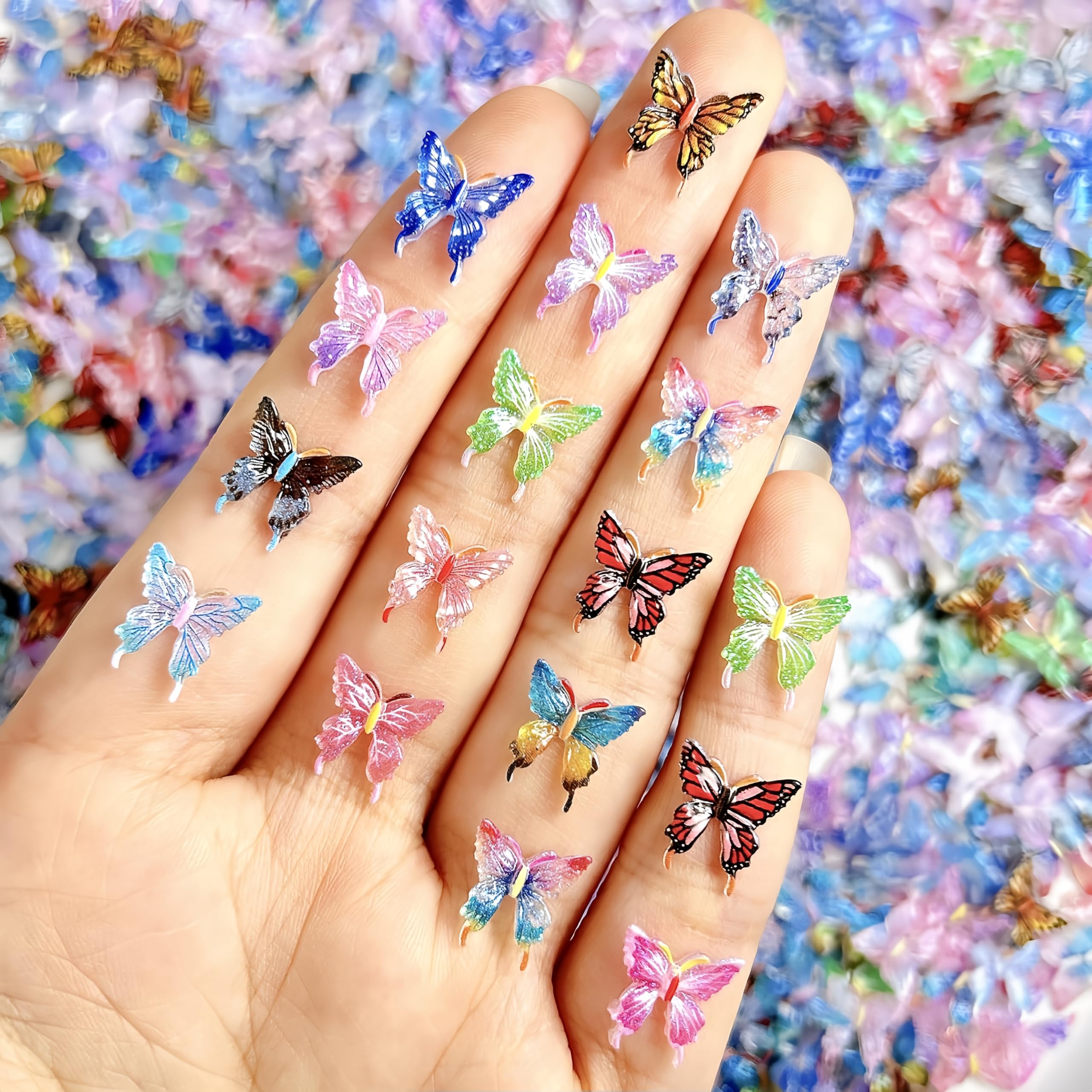 100Pcs Butterfly Nails Charms 3D Resin Elegant Butterfly Nail Art Rhinestones Spring Summer Colorful Butterflies Nail Gems and Charms Kawaii Nail