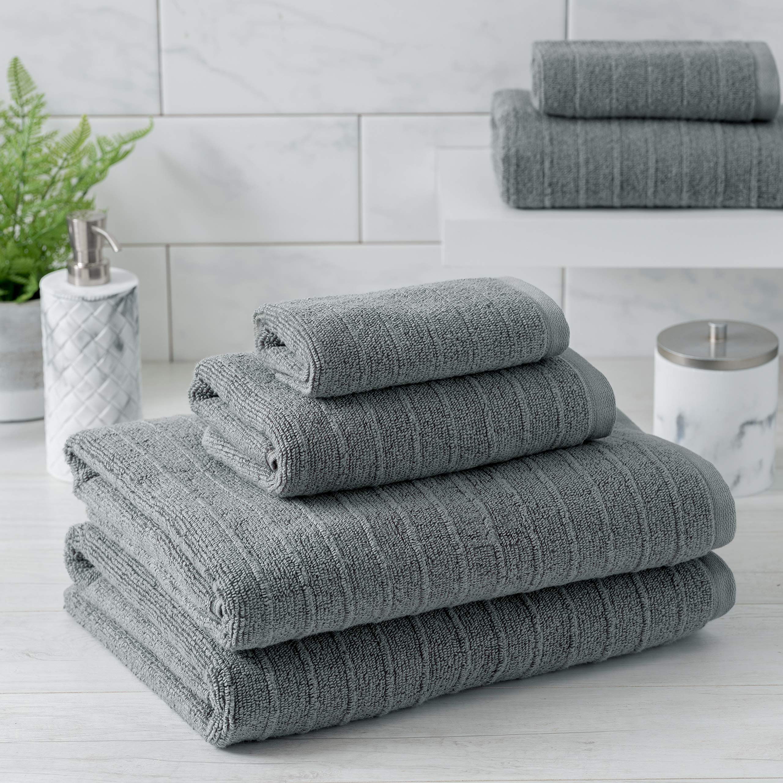 Welhome 100% Cotton Textured Stripe Towel Set - 6 Piece Set of 2 Bath Towels, 2 Hand Towels, 2 Washcloths, Soft & Absorbent, Gray
