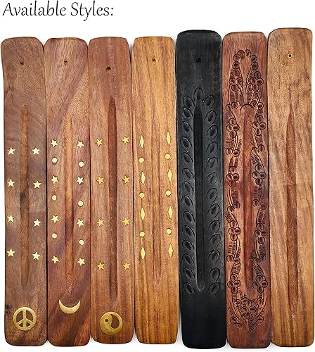 Miniatura 6 de Soporte para incienso con letrero de paz, bandeja de madera para quemador de incienso con incrustaciones de latón, para varillas de incienso,