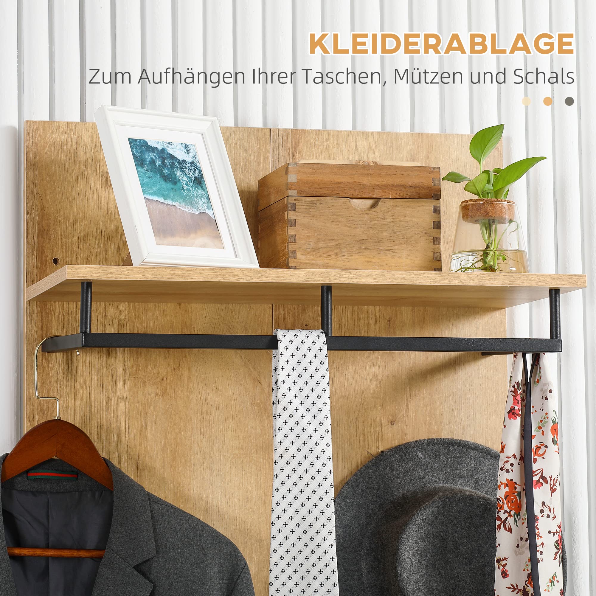 HOMCOM Garderobenset, Komplettgarderobe-Set, Kleiderständer mit Ablage, Flurgarderobe mit Schuhbank, Wandgarderobe, 4 Haken, Flurmöbel für Diele, Natur