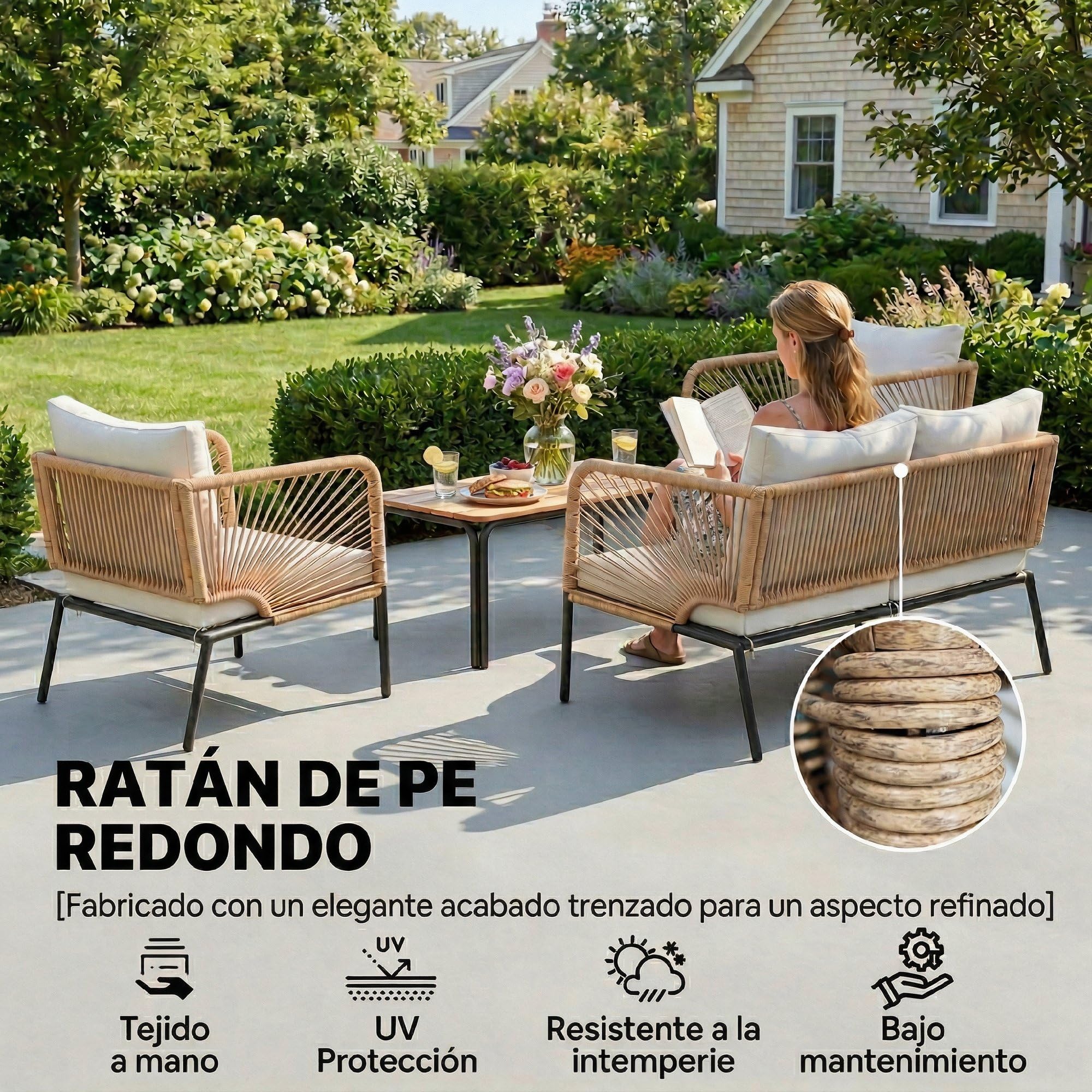 Outsunny Conjunto Jardín Exterior de 4 Piezas con Sofá de 2 Plazas Blanco | 2 Sillones, Mesa de WPC, Ratán PE Tipo Cuerda, Cojines Acolchados, Marco de Metal, para Terraza