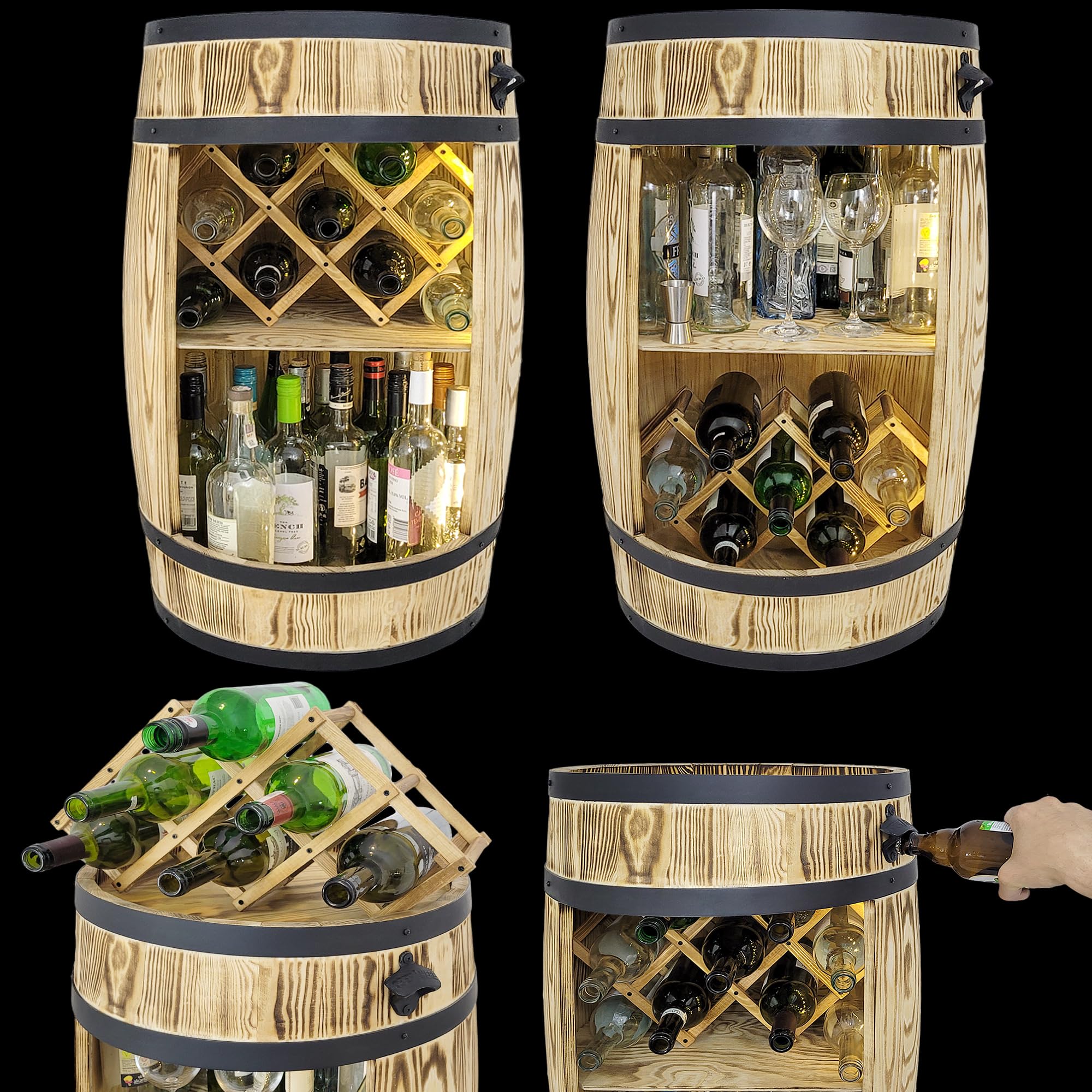 weeco Portabottiglie in legno con luci a LED e portabottiglie – Barile in legno per bicchieri e bottiglie – Montabile – Armadietto per vino – Set regalo – Wine Rack in legno 80 x 50 cm