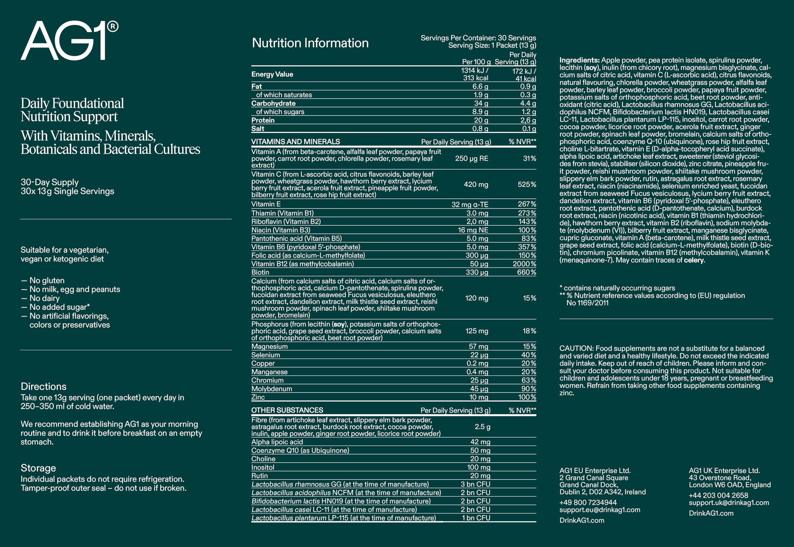 AG1 Greenspulver Nahrungsergänzungsmittel, Reiseportionen, 30 Stück | Tägliche Nährstoffversorgung Mit Vitaminen, Mineralstoffen, Guten Darmbakterien, Glutenfrei, Keto & Vegan, 70+ Inhaltsstoffe