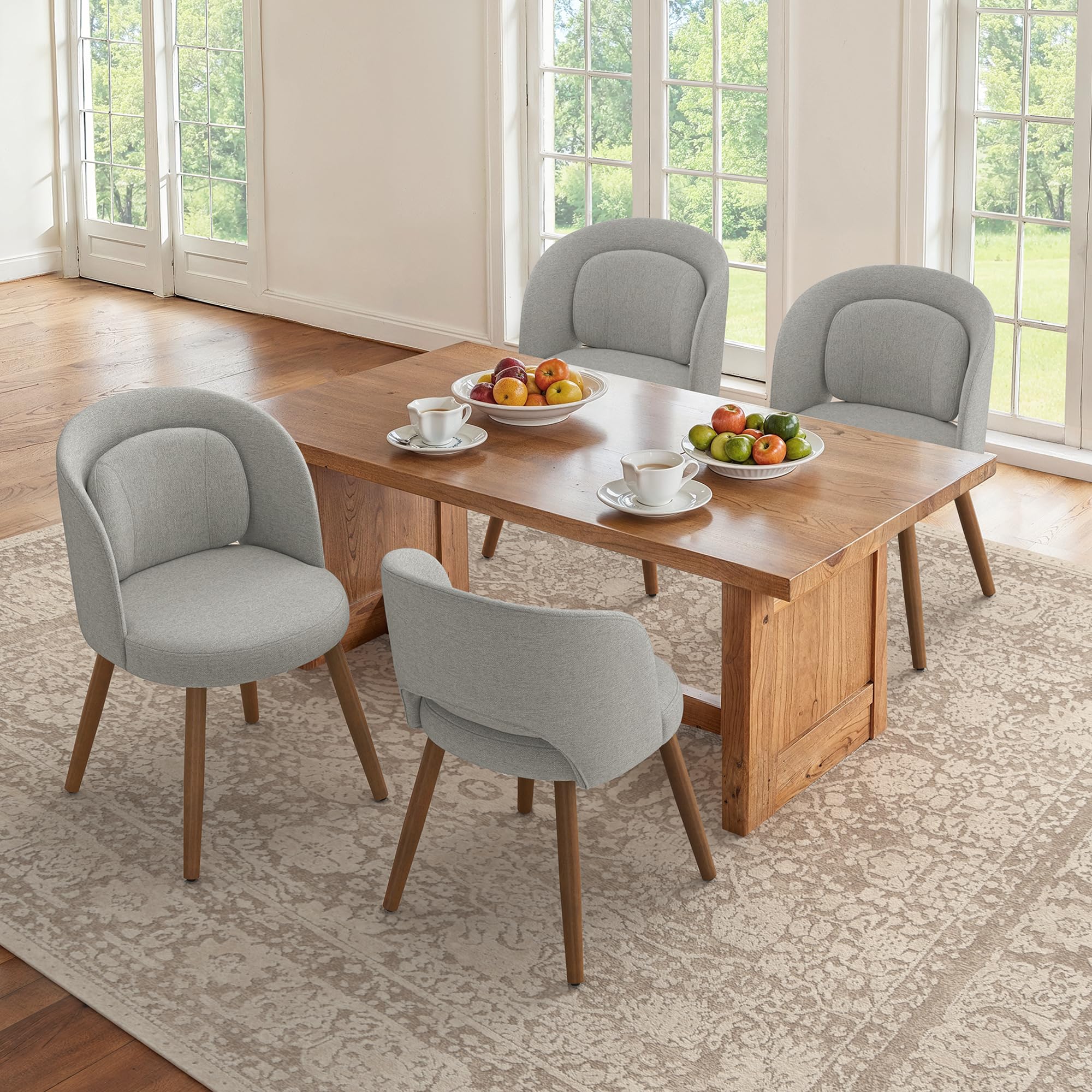 LUE BONA Esszimmerstühle 4er Set, Polsterstuhl mit Lendenkissen & Holzbeinen, Modern Küchenstühle mit gebogener Rückenlehne, Stoff Essstühle für Esszimmer, Küche, Wohnzimmer, Leinen-Optik, Grau
