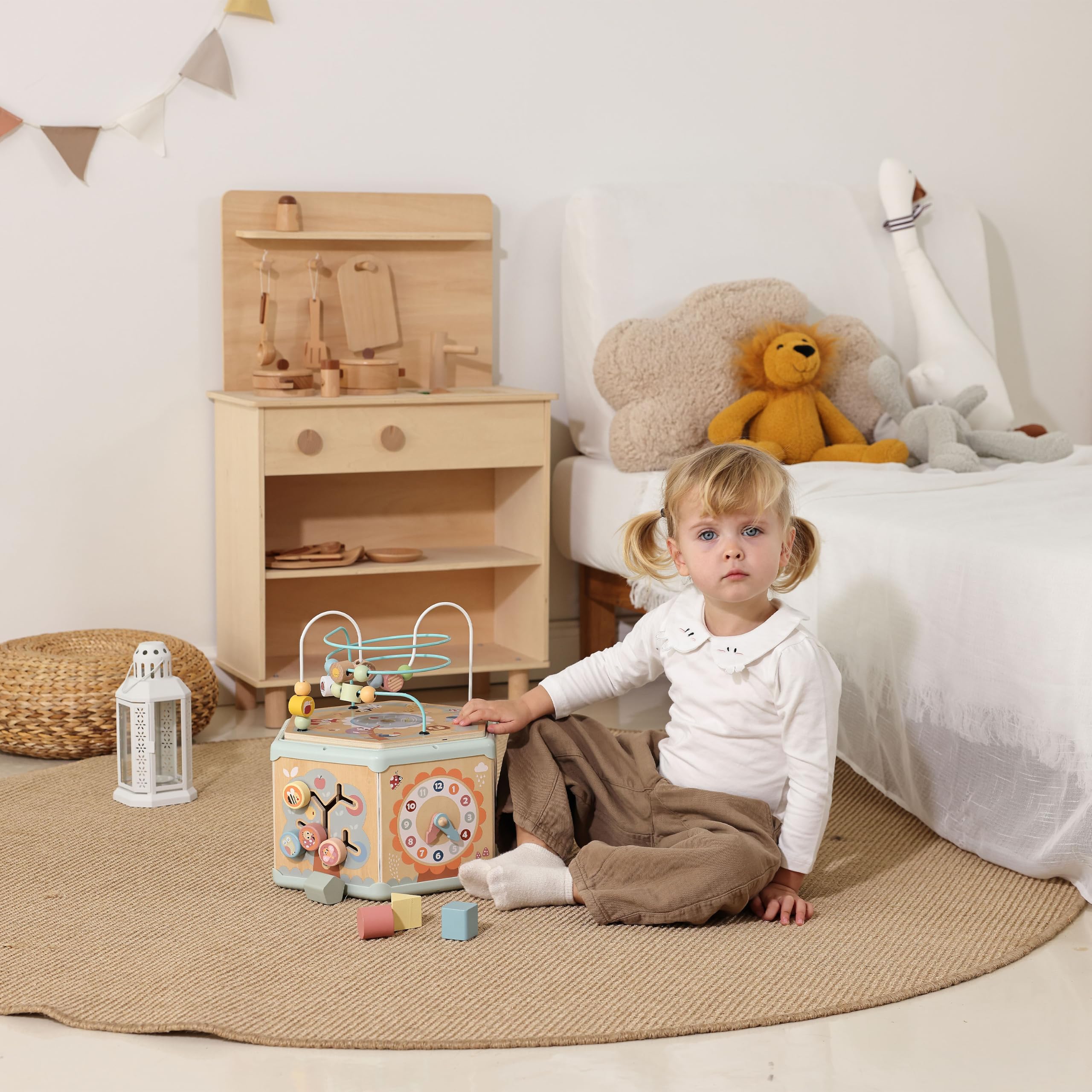Tooky Toy Cubo attività Bambini 7 in 1 in Legno FSC con Labirinto di Perline e Abaco, Gioco Montessori Educativo, Stimola Motricità Fine e Sviluppo Cognitivo e Sensoriale, da 2 Anni