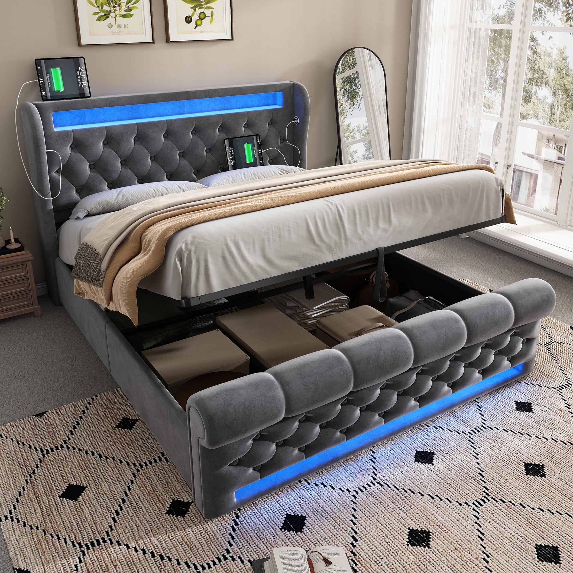 Nowoczesne łóżko tapicerowane, podwójne łóżko 160 x 200 cm, tapicerowane łóżko z diodami LED, zagłówek do przechowywania z portami USB i typu C, hydrauliczne łóżko do przechowywania, szare