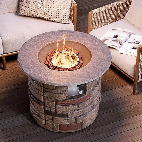 Miniatura 6 de HOMPUS Mesa de fuego de propano para exteriores, hormigón de piedra de imitación de 32 pulgadas con cubierta de lluvia y rocas de lava, sin humo,