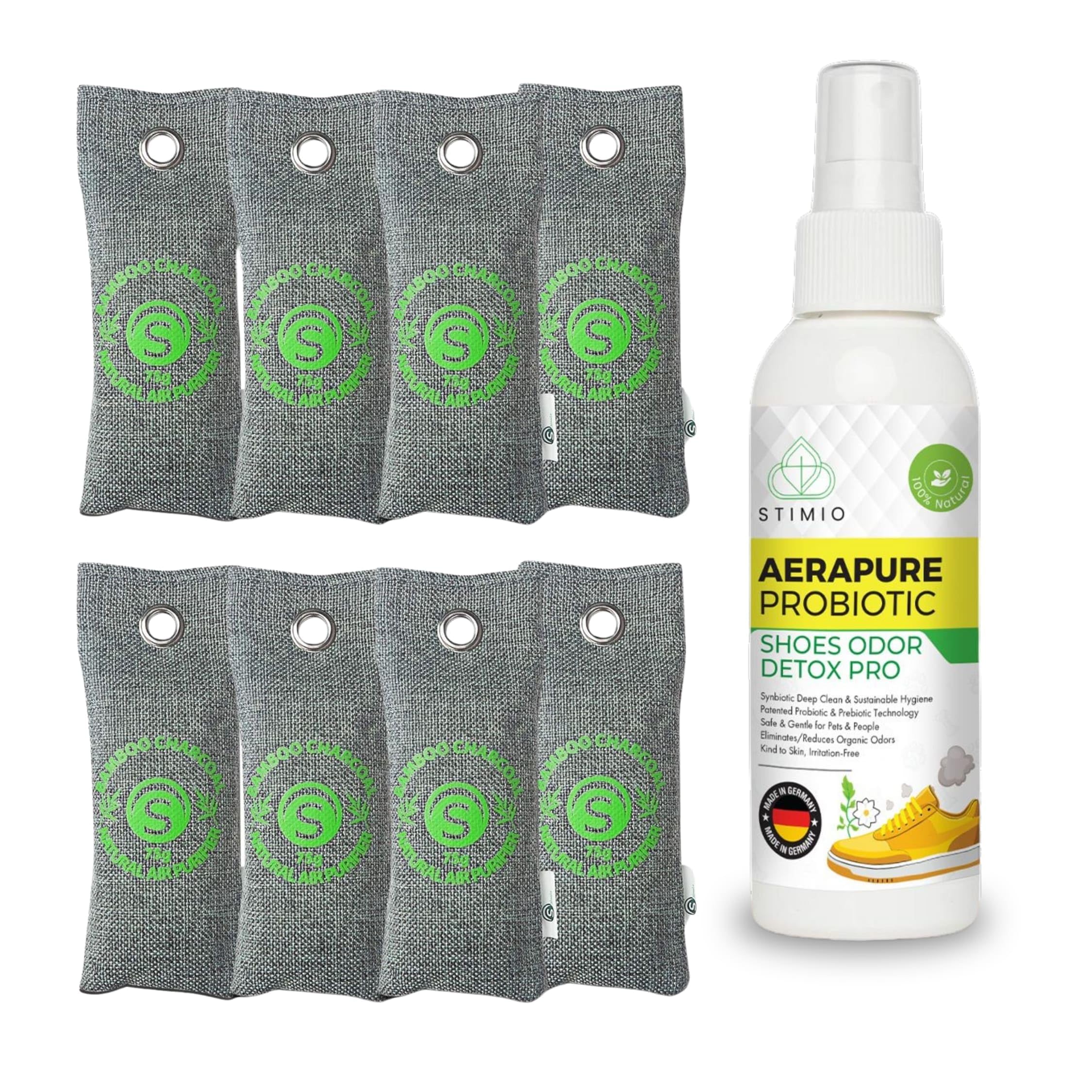 Set Antiodor para Zapatos – 8x Bolsas Carbón Activo + Spray Probiótico 100ml – Elimina Malos Olores y Sudor de Pies – Desodorante Natural sin Químicos ni Perfumes