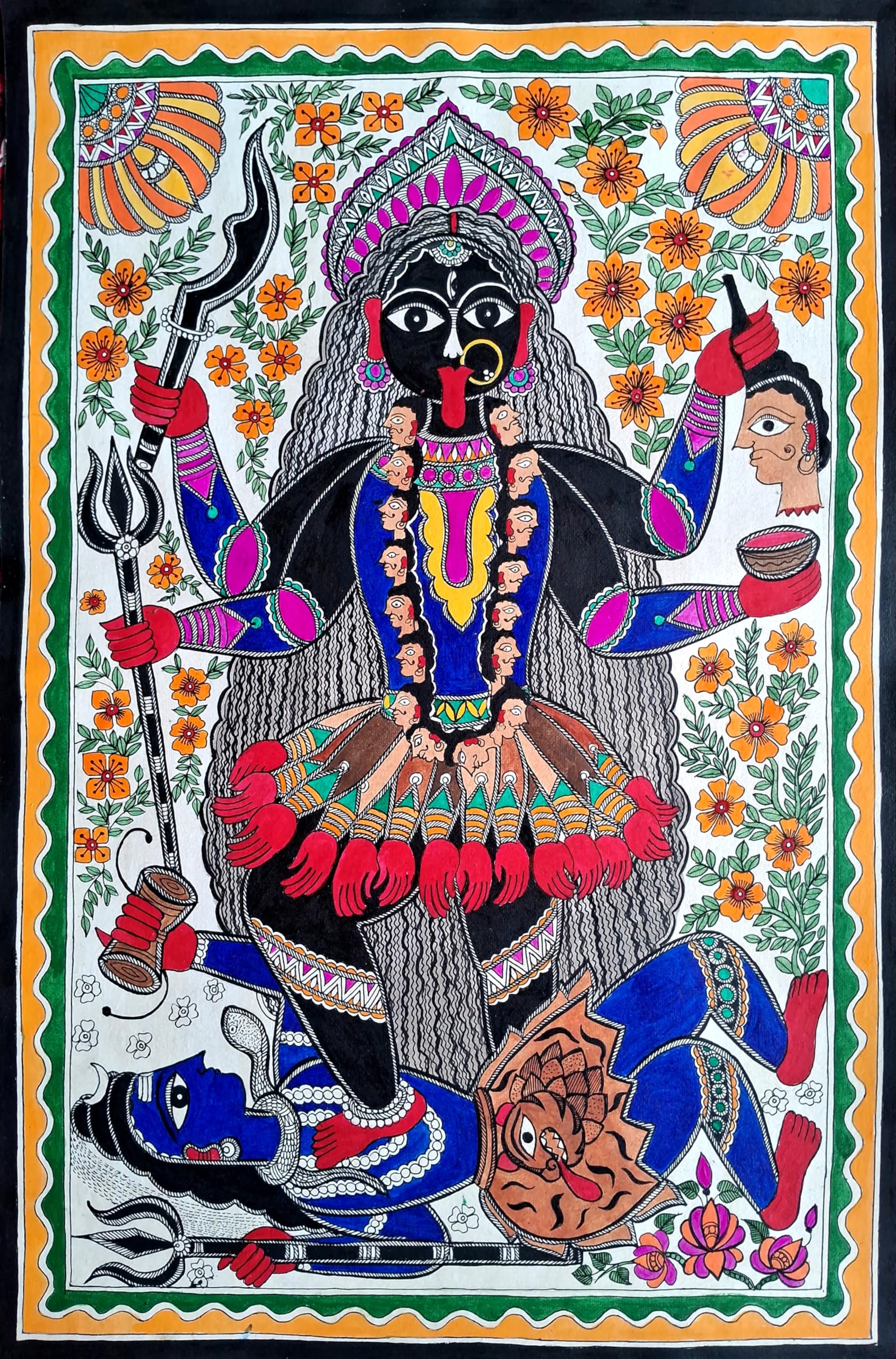 Maa Kali/Bhadrakali Madhubani Painting | Authentic Mithila Artworks by Mthila Kriti | handmade paper, acrylic colors.-image-44