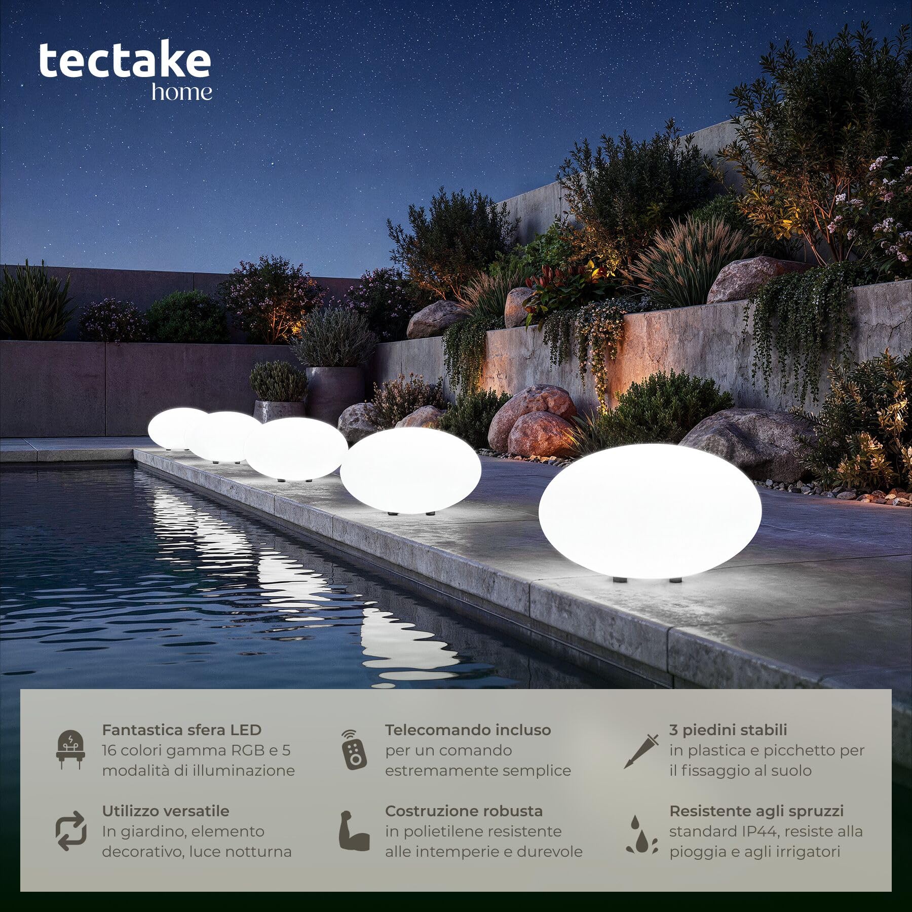 tectake® Lampada da terra Sfera LED, luce RGB da esterno e interno, telecomando, 16 colori, 1200 lumen, IP44 water proof, polietilene, luci giardino arredo esterno, piedini - M - Ø 35 x 21,5 cm