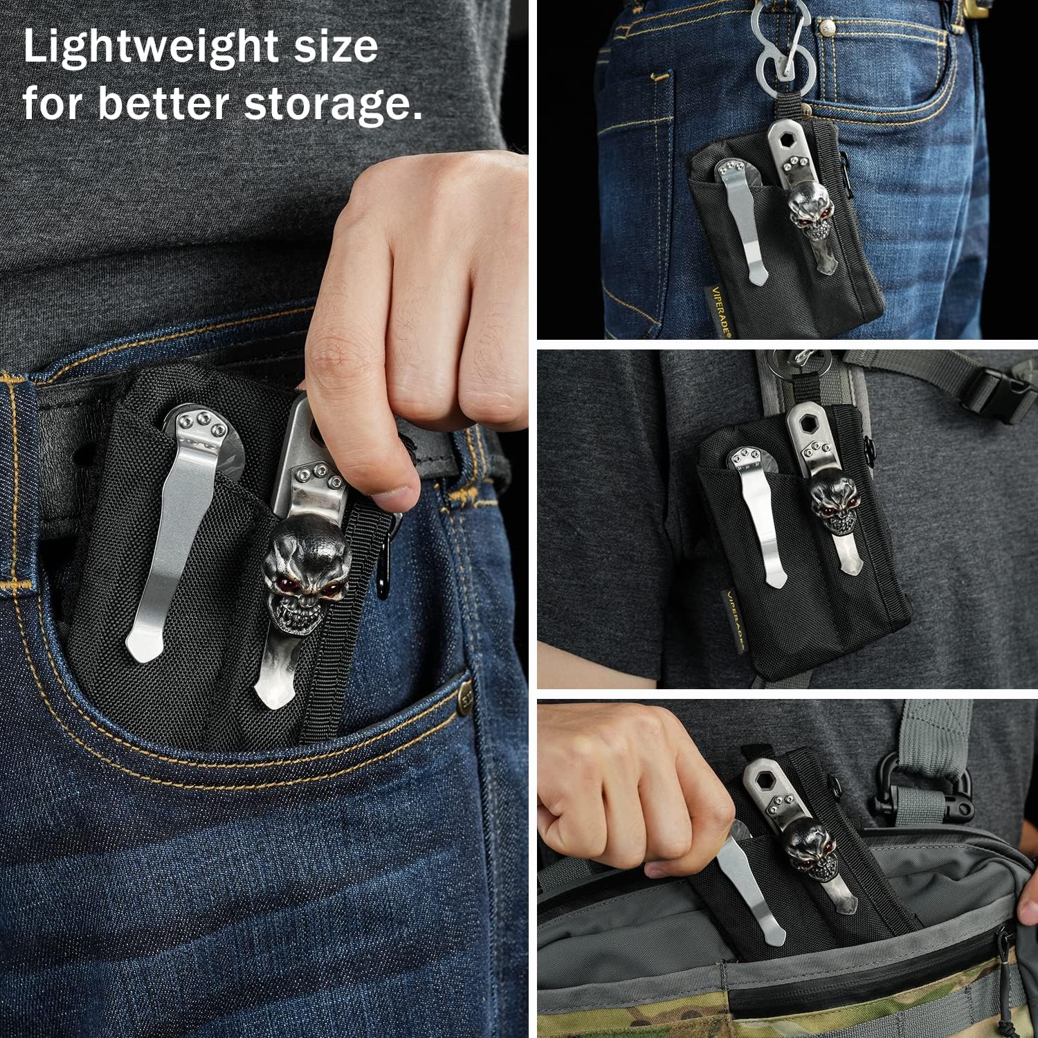 VIPERADE VE17 Mały woreczek EDC, organizer kieszonkowy EDC z obszarem naszywki DIY, mini woreczek EDC z kieszenią na zamek błyskawiczny, mała kieszeń na karty, 2 przegródki na EDC (czarna)