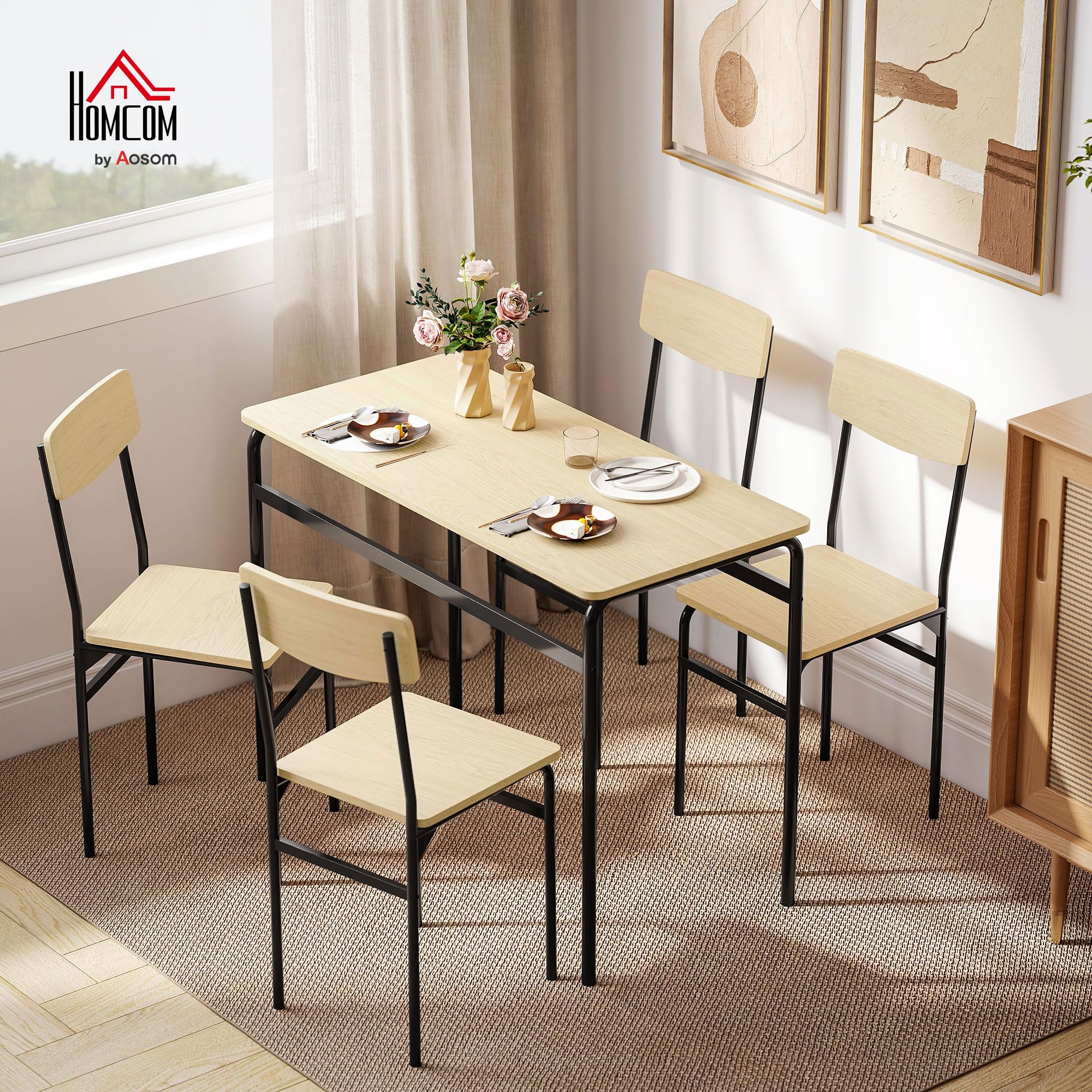 HOMCOM Set Tavolo e Sedie Sala da Pranzo 5 Pezzi, Tavolo da Pranzo Rettangolare e 4 Sedie in Legno e Metallo, Salvaspazio, Design Industriale, per Soggiorno Salotto Cucina, Nero e Color Legno