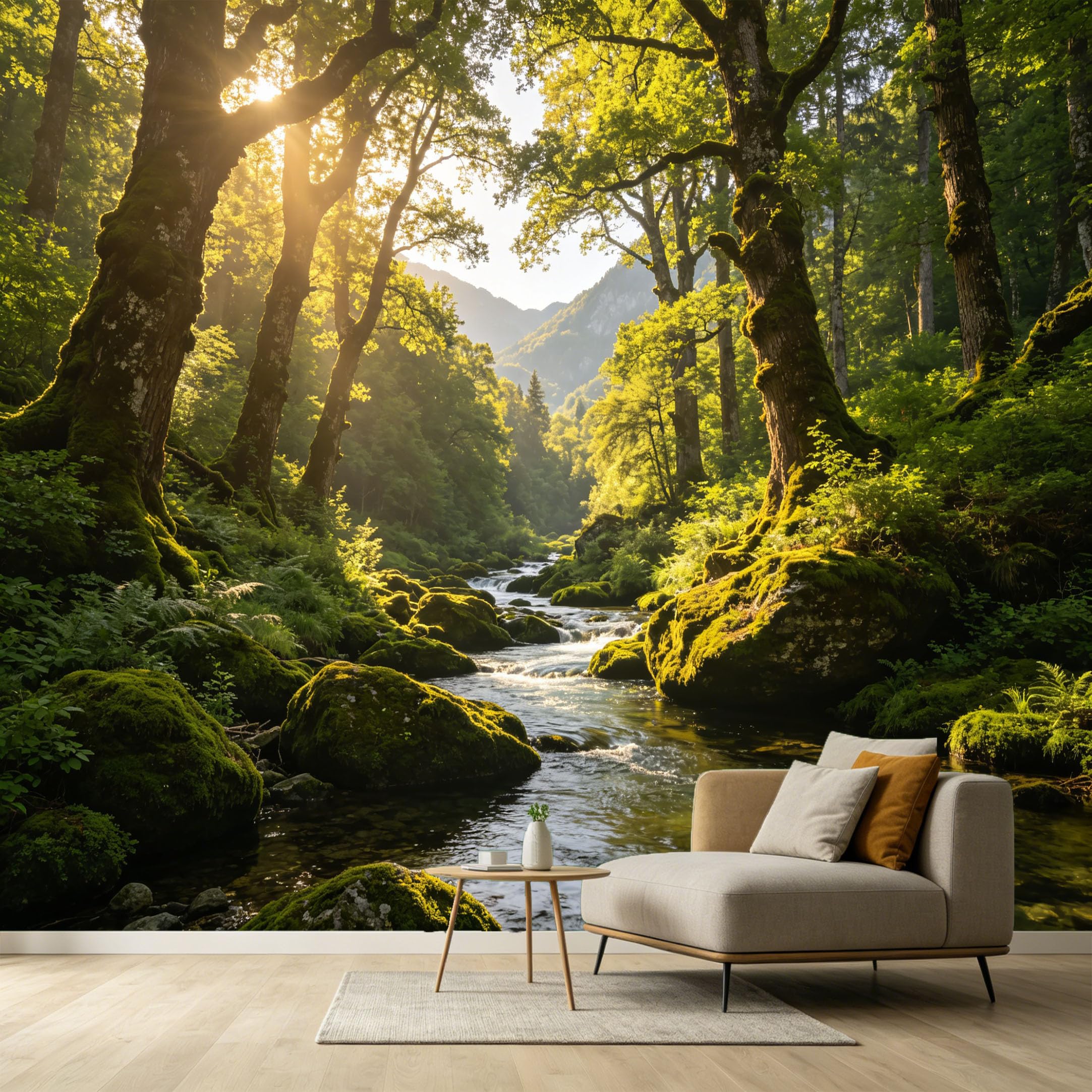 Custom Size Wall Murals Forest Landscape Sunbeams River Rocks SelfAdhesive Wall Fabric Removable Large Wallpaper for Photo Living Room Interior Decor Wall Art Mural