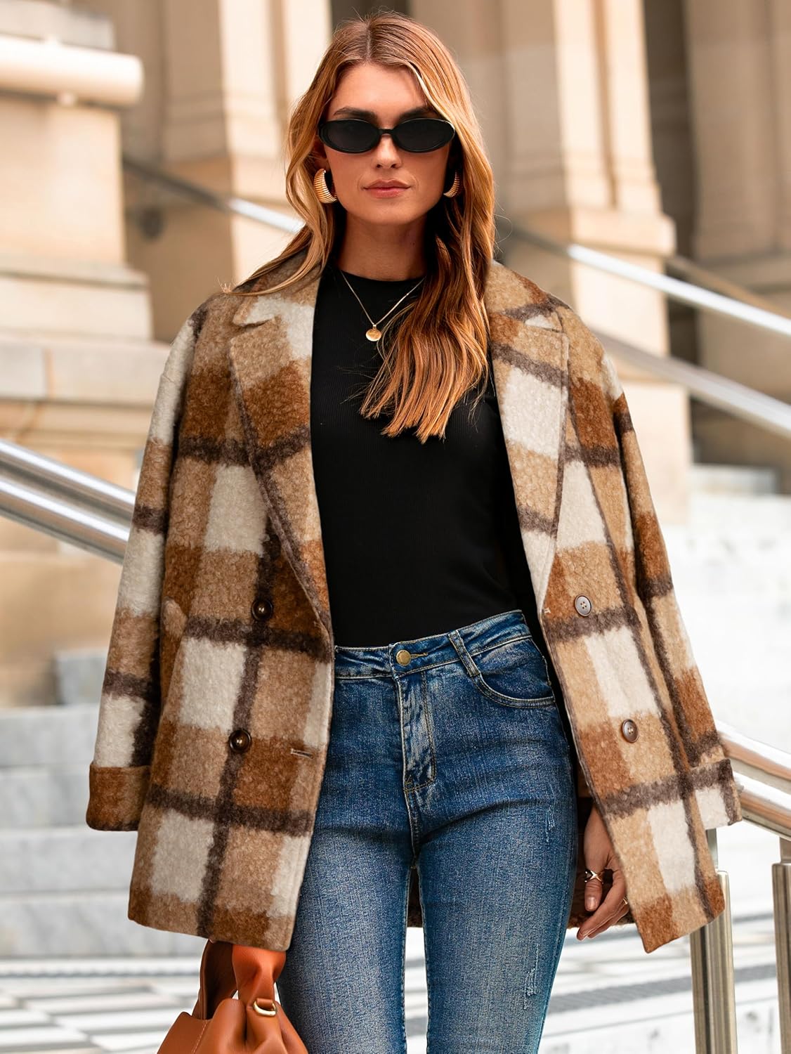 Glamaker Womens Winter Lapel Collar Plaid Jacket Double Breasted Work Pea Coat Jackets Casual Trendy - Image 4