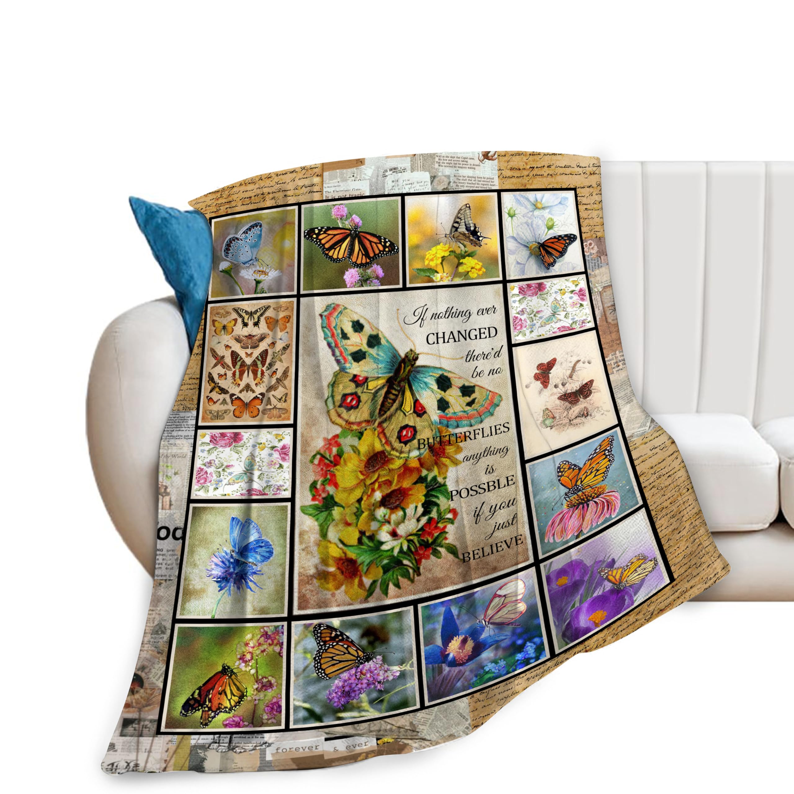 Banonaty Women's Vintage Butterfly Butterfly Blanket Vintage Butterflies Throw Blankets Cozy Fleece Flannel Blanket Bedding Butterfly Gifts For Girls Teens For Couch Sofa Bed Decor 40"X50"