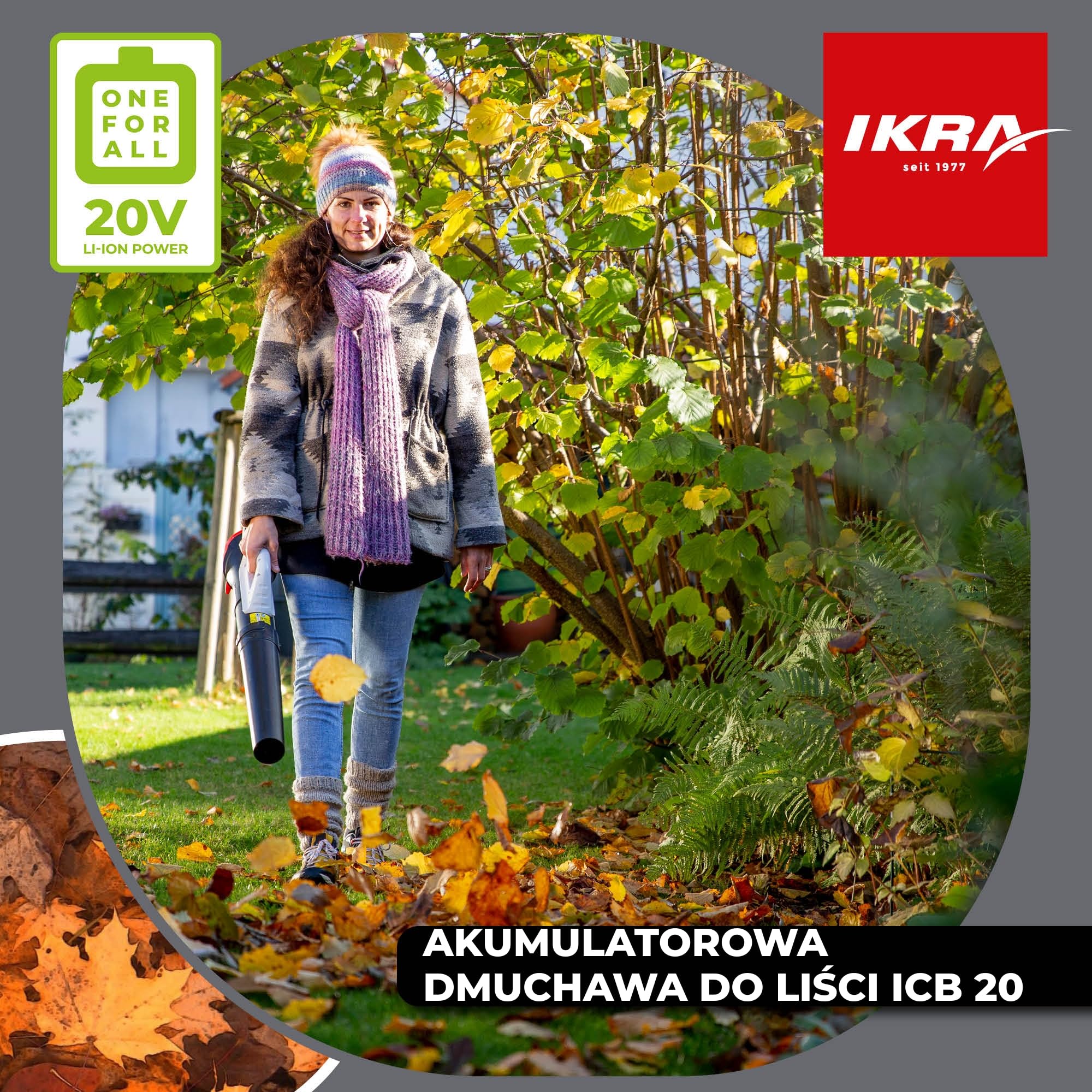 IKRA Osiowa dmuchawa do liści ICB 20, akumulator 20V 2,0Ah, ładowarka | Wentylator osiowy usuwa nawet mokre liście, płynna regulacja prędkości, kompaktowy i lekki, 150 km/h, system IKRA 20V