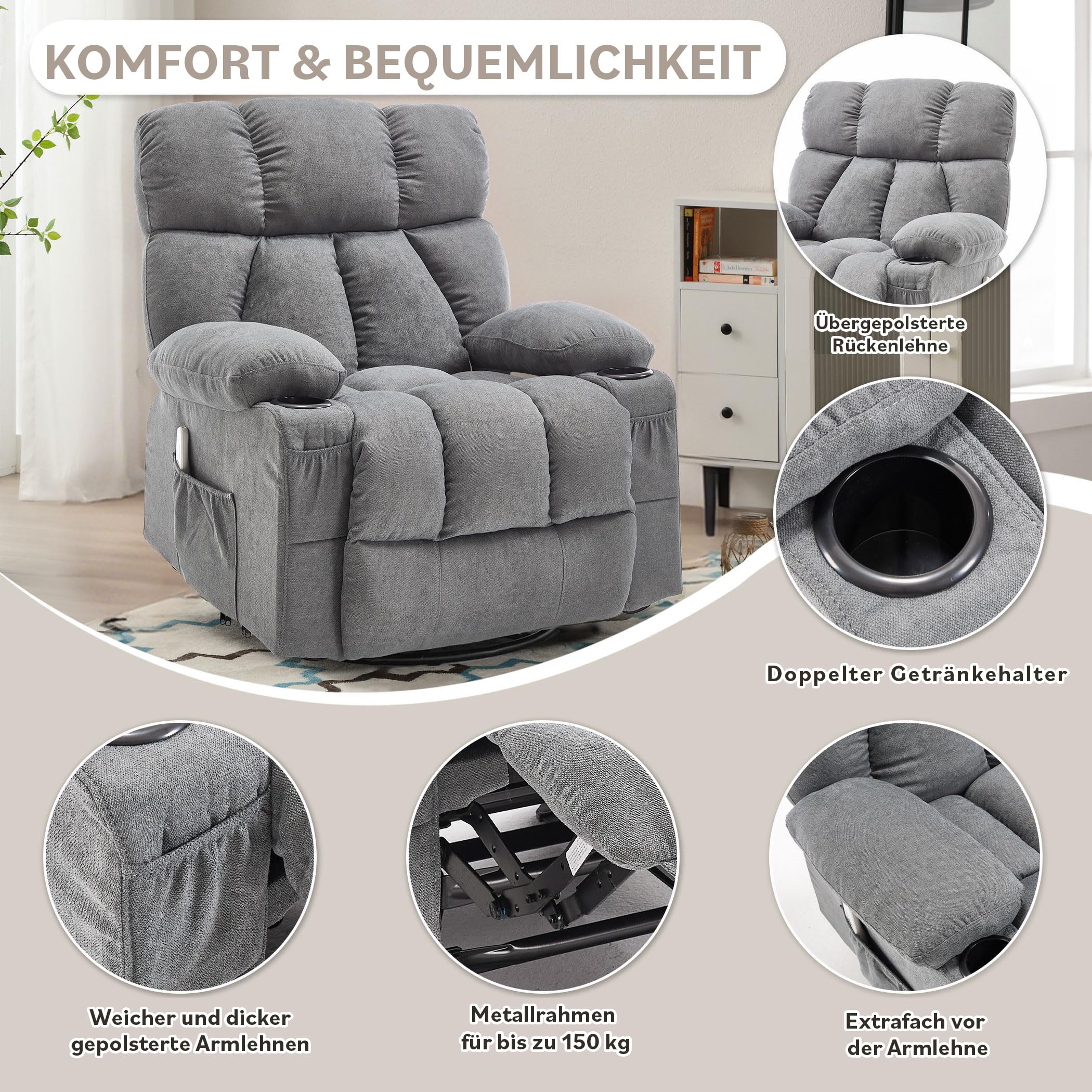 Bosmiller Elektrisch Relaxsessel mit Liegefunktion, Fernsehsessel mit Wärmefunktion, 2 Seitentaschen Getränkehalter, Aus Stoff TV-Sessel mit 360°-Drehung für Wohnzimmer,Grau