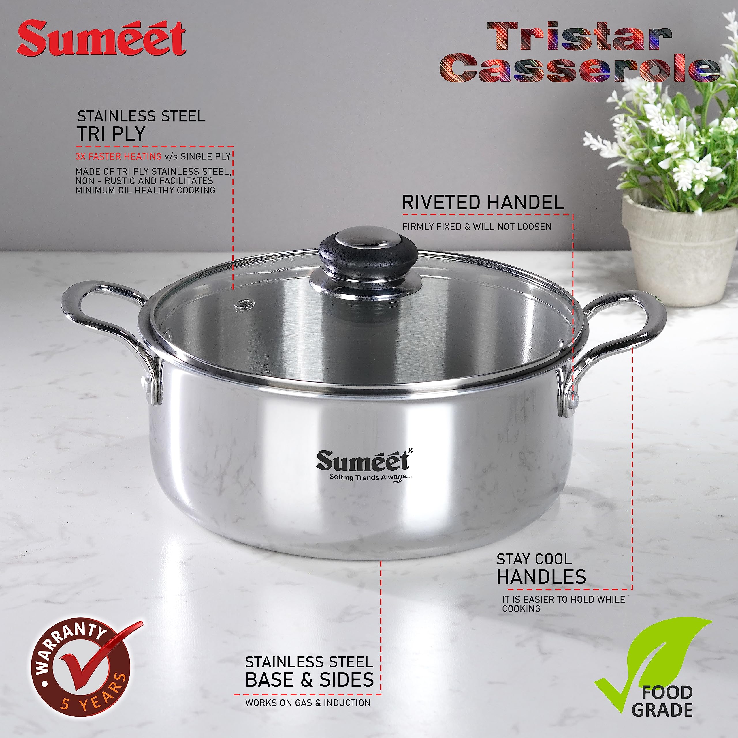 Sumeet Cook Smart TriPly Steel-Aluminium-Steel - 3 Layers Casserole/Biryani Pot/Stock Pot with Glass Lid- 5.2Ltr - 26Cm, Silver, Polished, 5.2 Liter 4