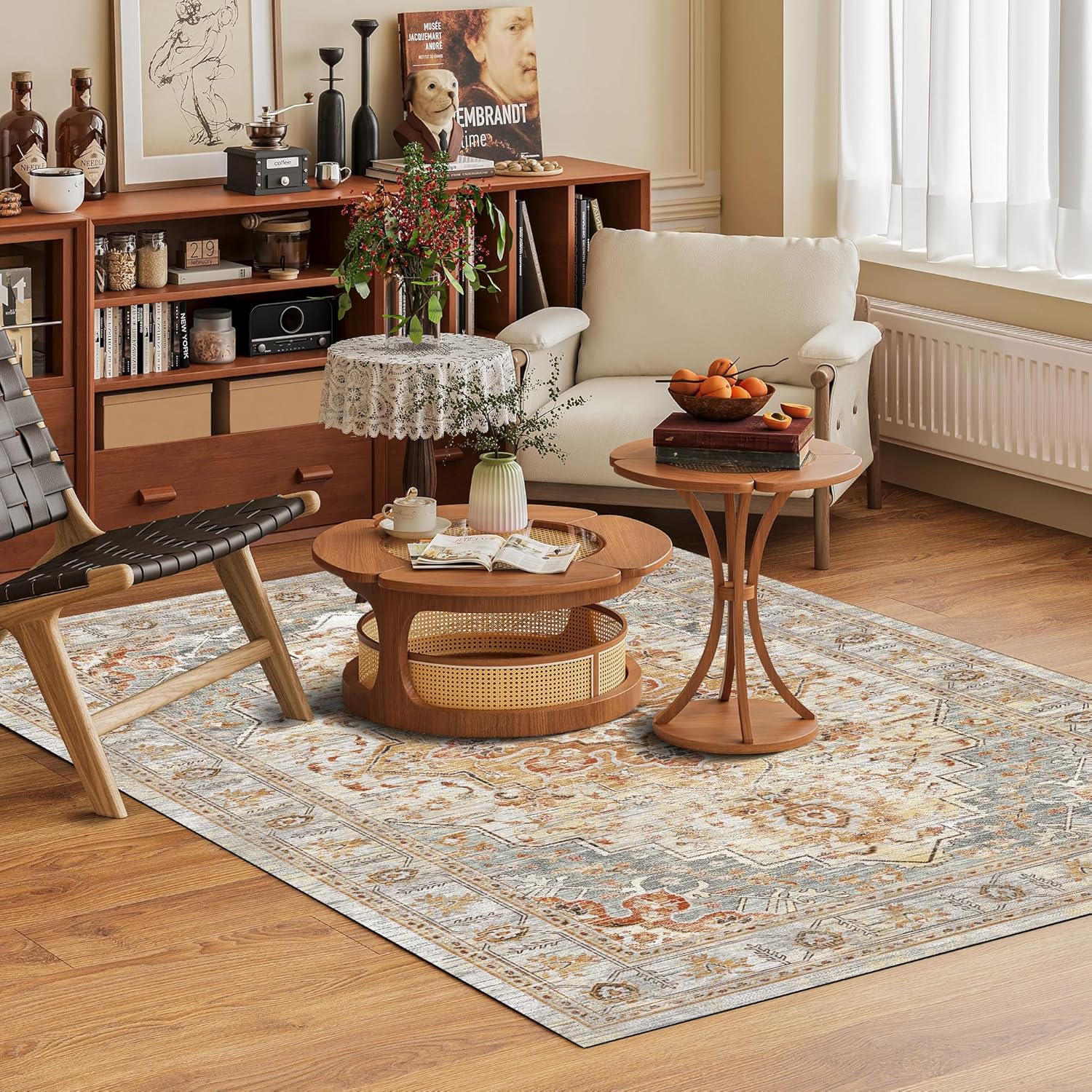 Washable Area Rug 8' x 10' Vintage Traditional Persian Mat - Foldable Distressed Non-Slip Machine Washable Carpet for Living Room Bedroom Kitchen Home Decor - Dove Gray and Coral - Image 2