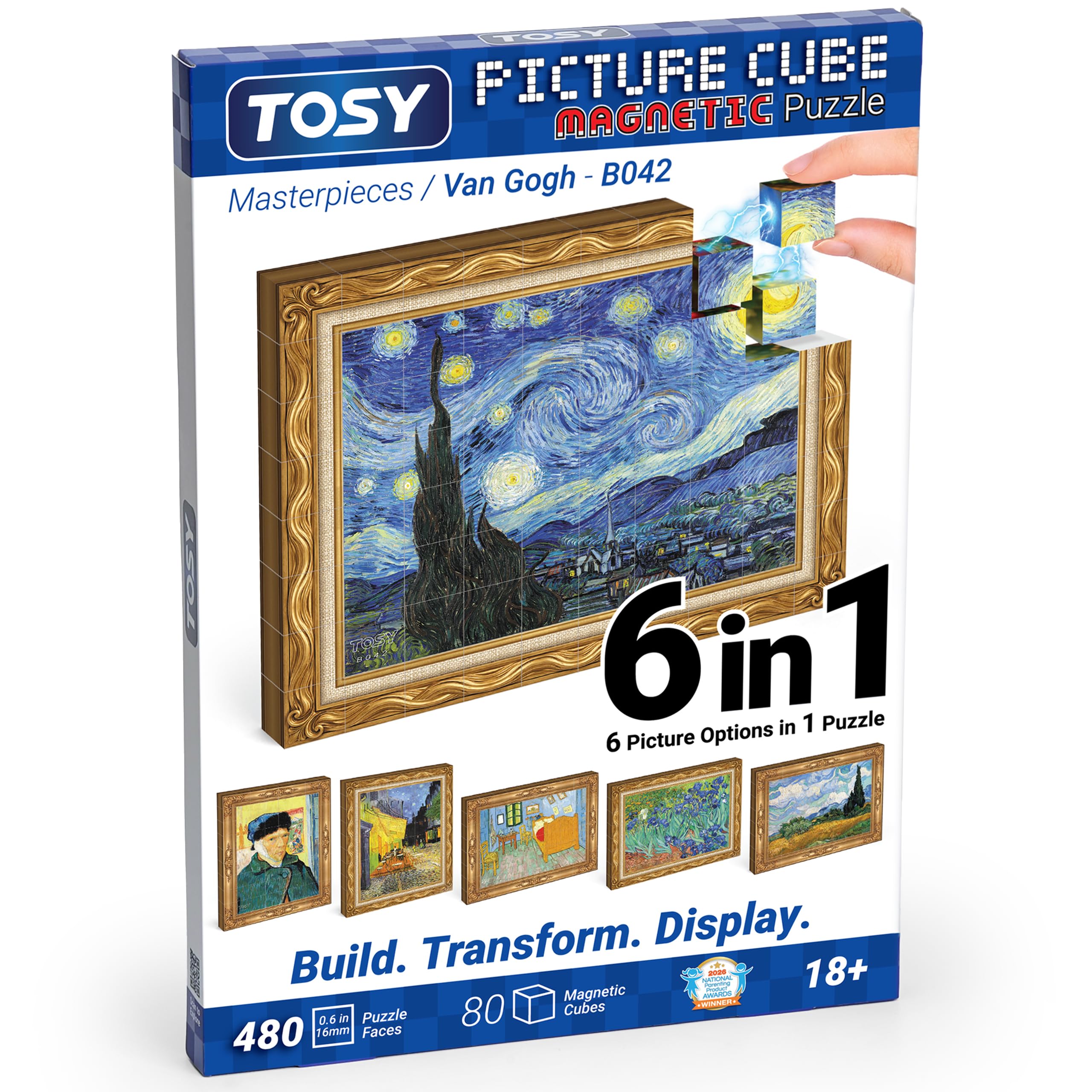 TOSY Picture Cube Van Gogh: 6-in-1 Magnetic Picture Puzzle, 80 Blocks, 488 Faces/Magnets, 0.6in, B042, Seamless UV Art, Display-Ready Frame, Collectible, STEM/STEAM Gift for Kids & Adults