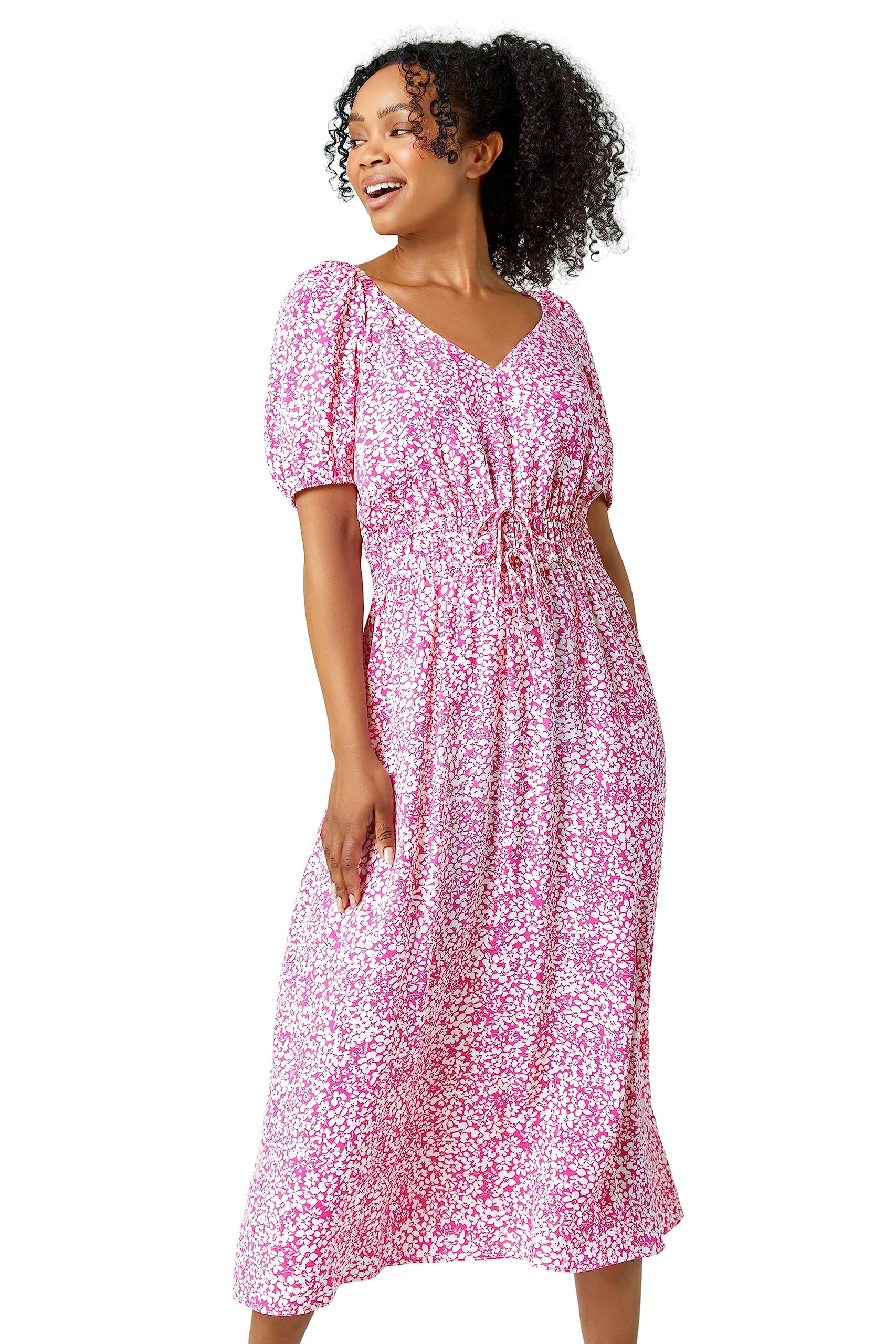 Roman Originals Women's Pink Roman Petite Ditsy Floral Stretch Midi Dress For Uk - Everyday Holiday Spring Summer V Neckline Comfy Soft Evening Vacation Work Party - Size 18